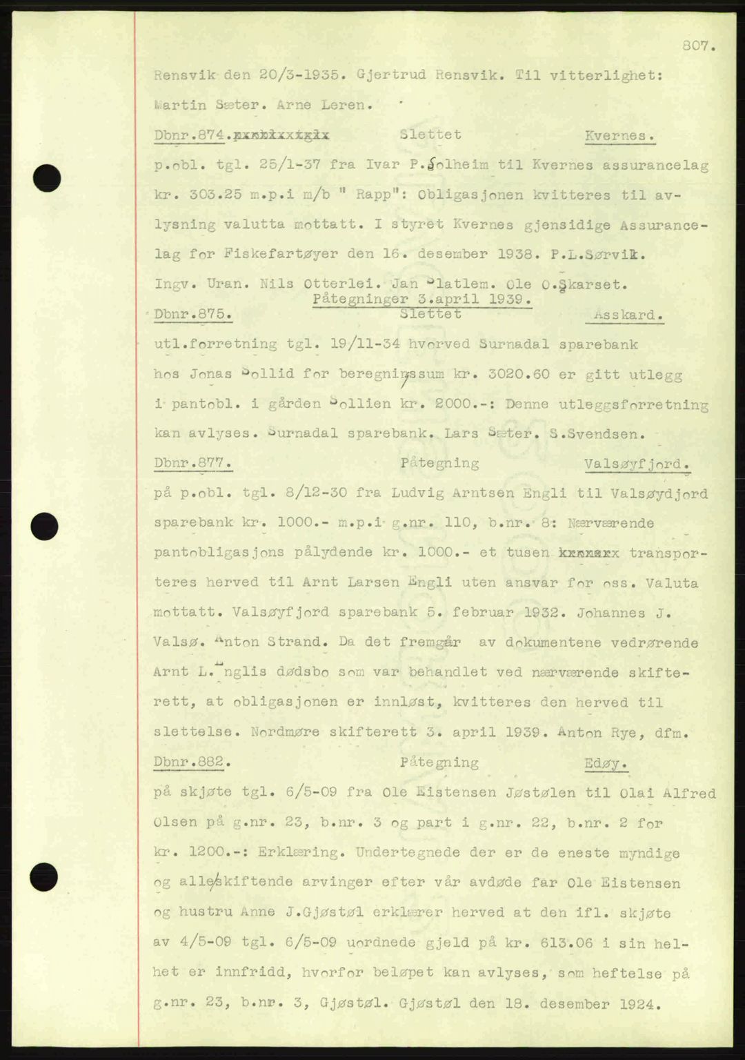 Nordmøre sorenskriveri, AV/SAT-A-4132/1/2/2Ca: Mortgage book no. C80, 1936-1939, Diary no: : 874/1939