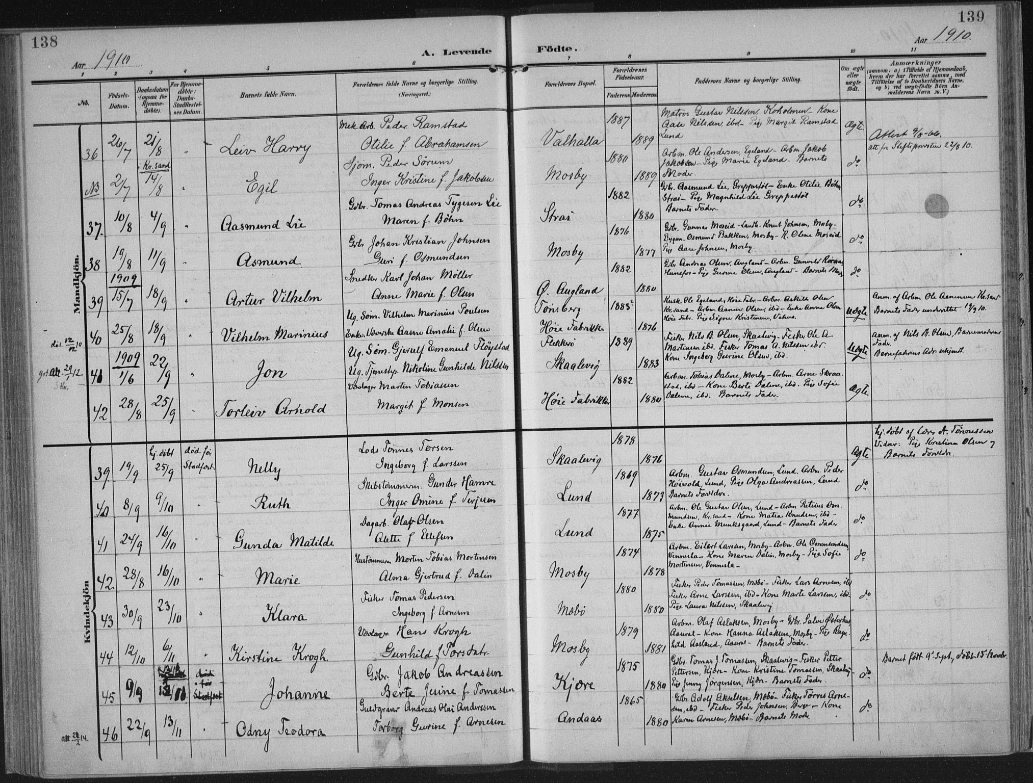 Oddernes sokneprestkontor, AV/SAK-1111-0033/F/Fa/Faa/L0011: Parish register (official) no. A 11, 1904-1911, p. 138-139