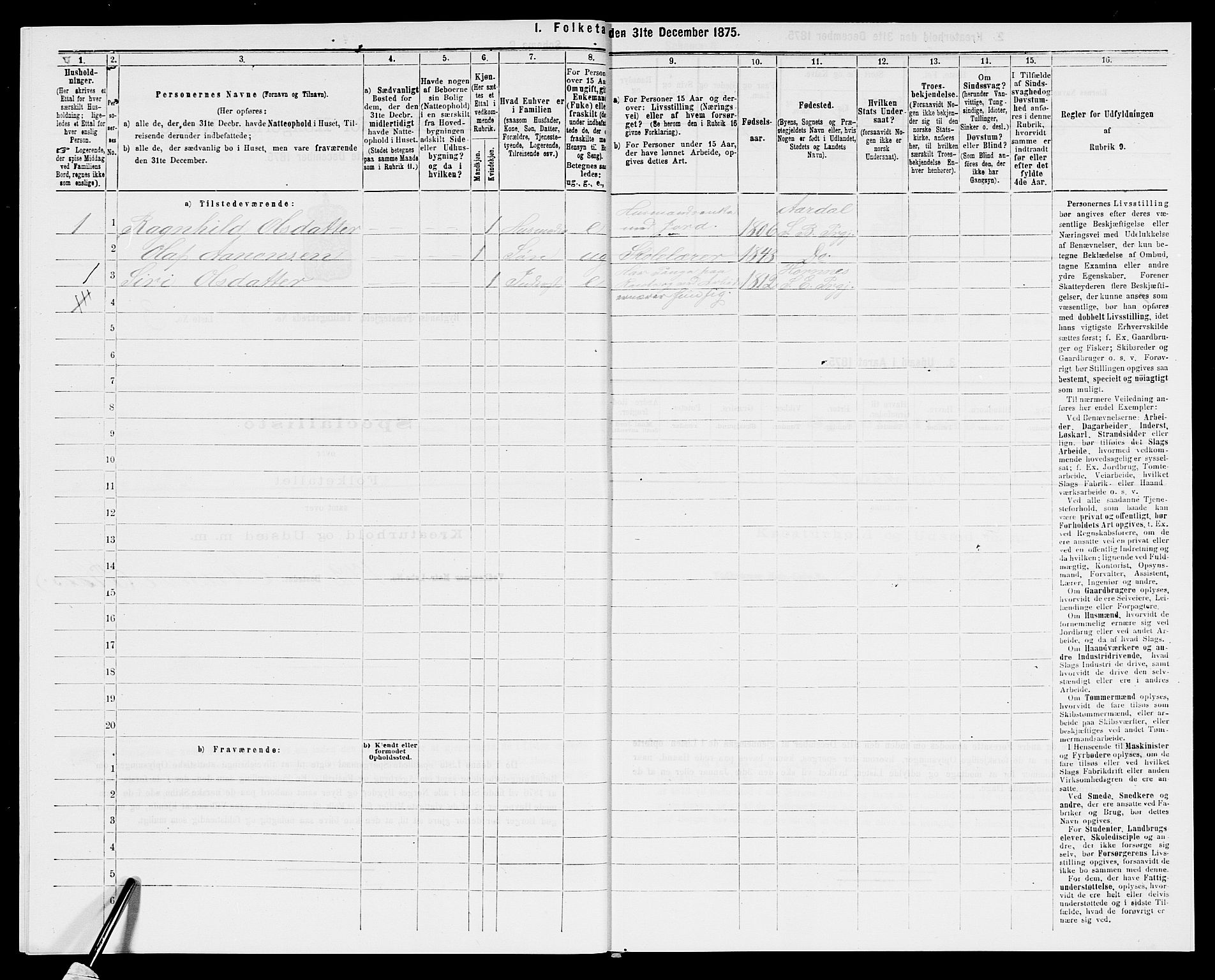 SAK, 1875 census for 0938P Bygland, 1875, p. 695