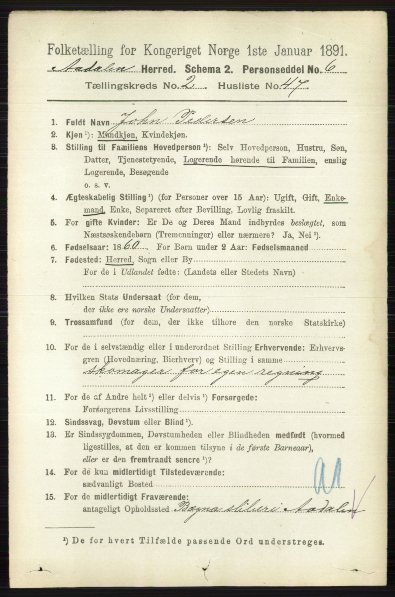 RA, 1891 census for 0614 Ådal, 1891, p. 954