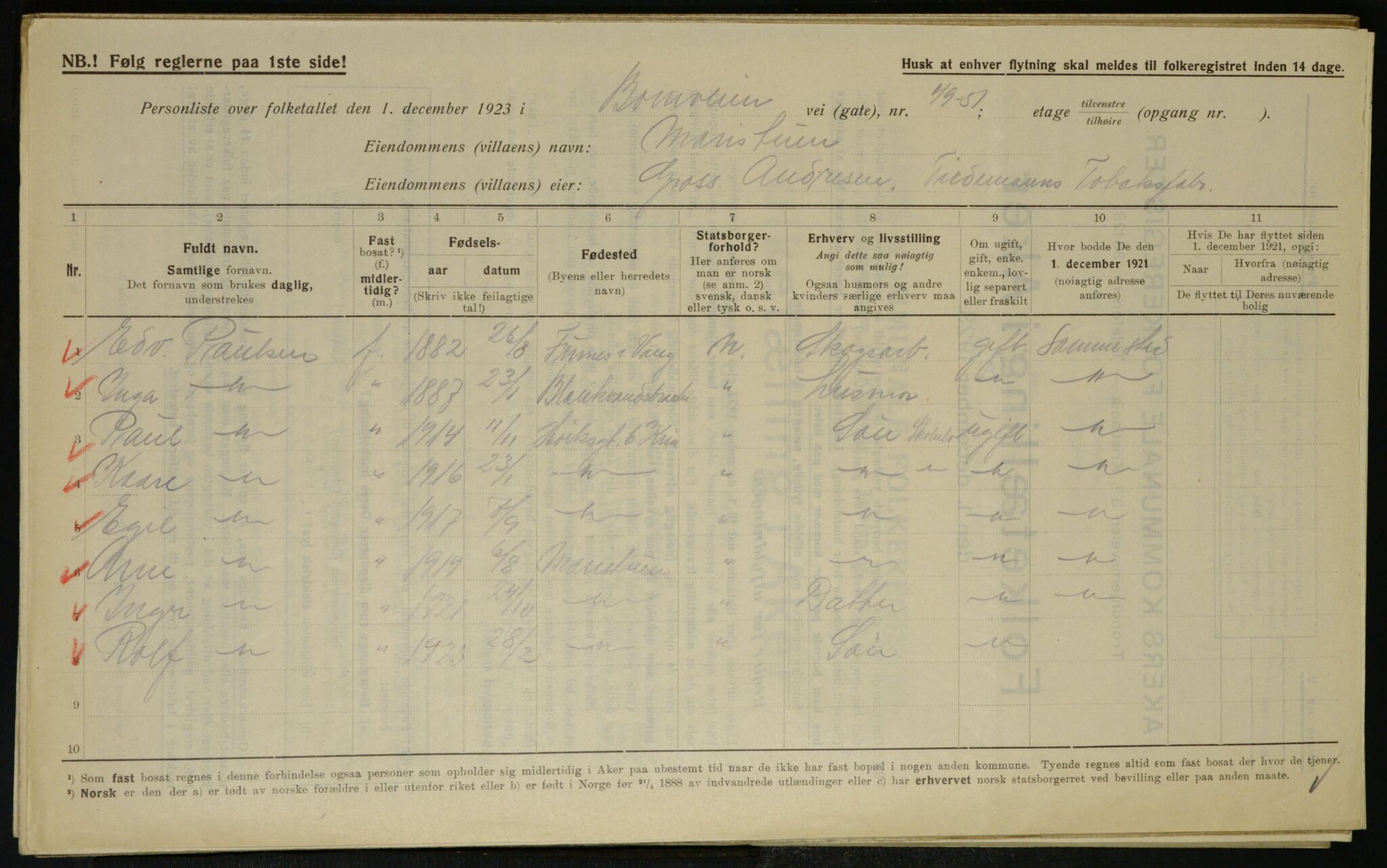 , Municipal Census 1923 for Aker, 1923, p. 8285