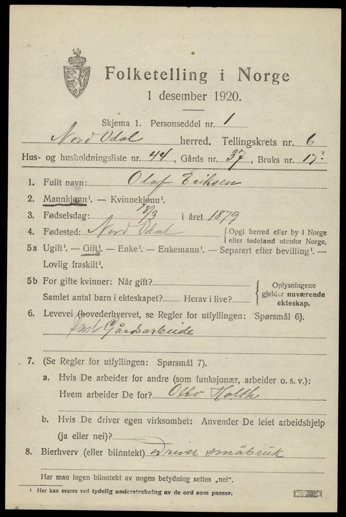 SAH, 1920 census for Nord-Odal, 1920, p. 7081