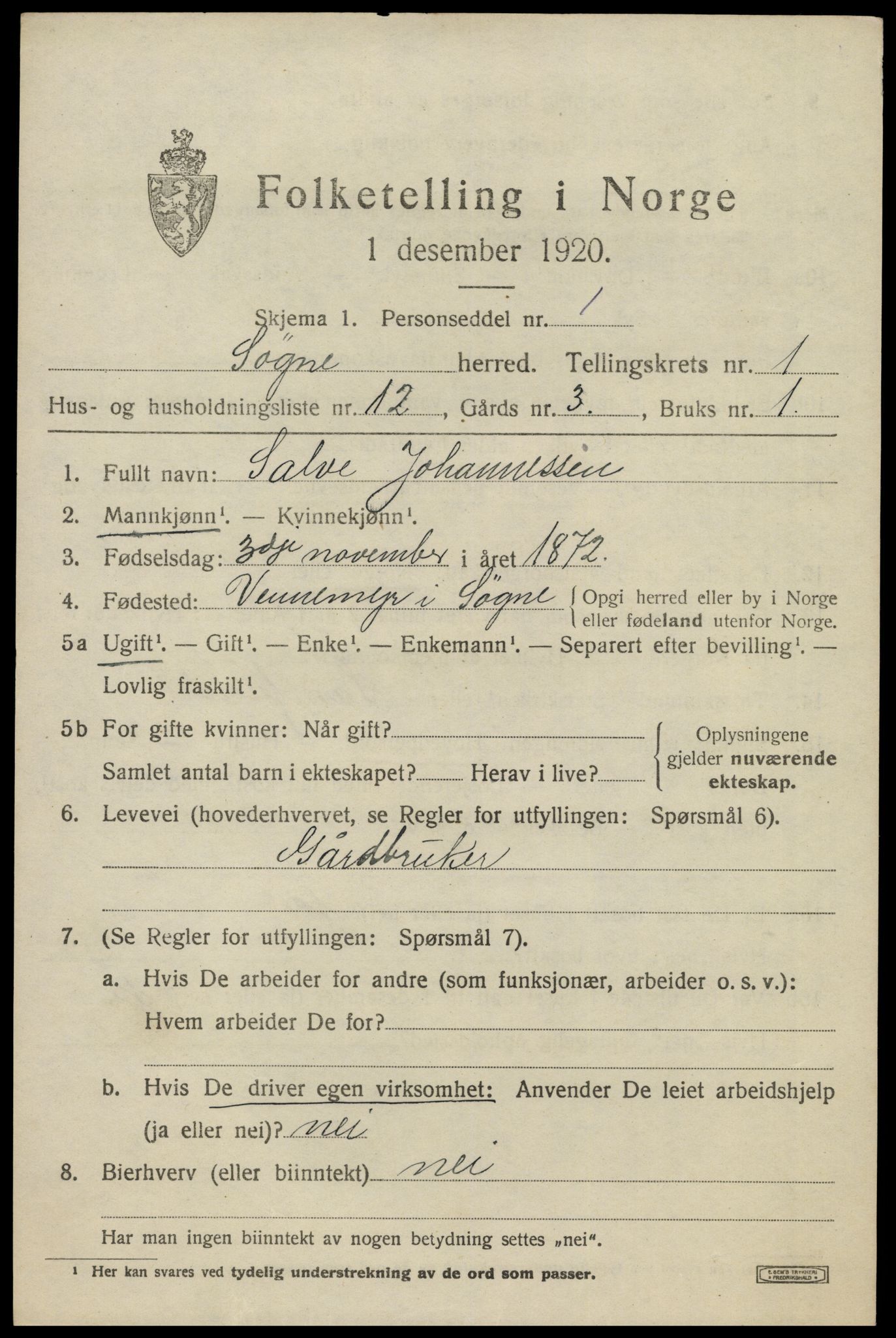 SAK, 1920 census for Søgne, 1920, p. 1443