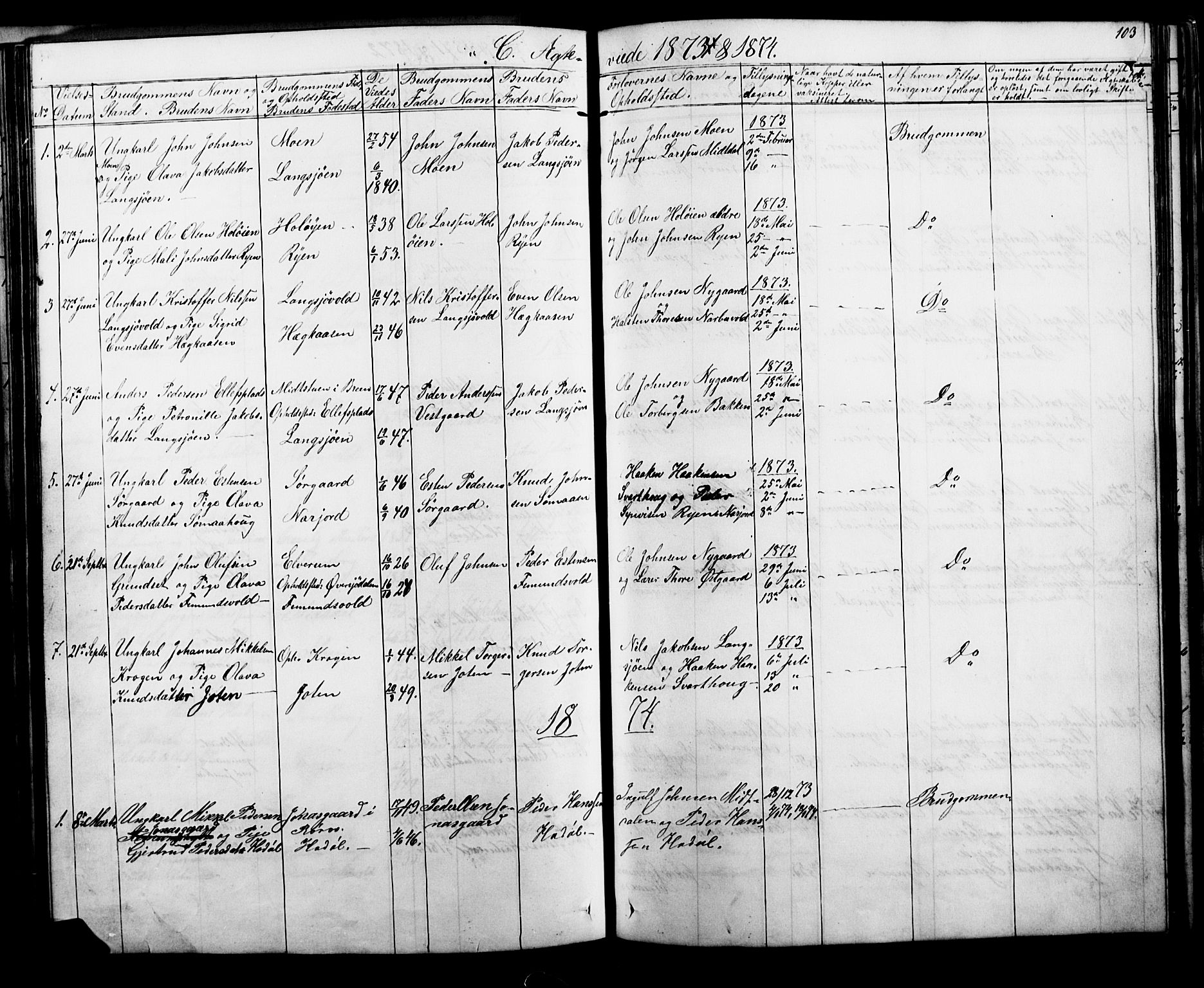 Tolga prestekontor, AV/SAH-PREST-062/L/L0006: Parish register (copy) no. 6, 1864-1894, p. 103