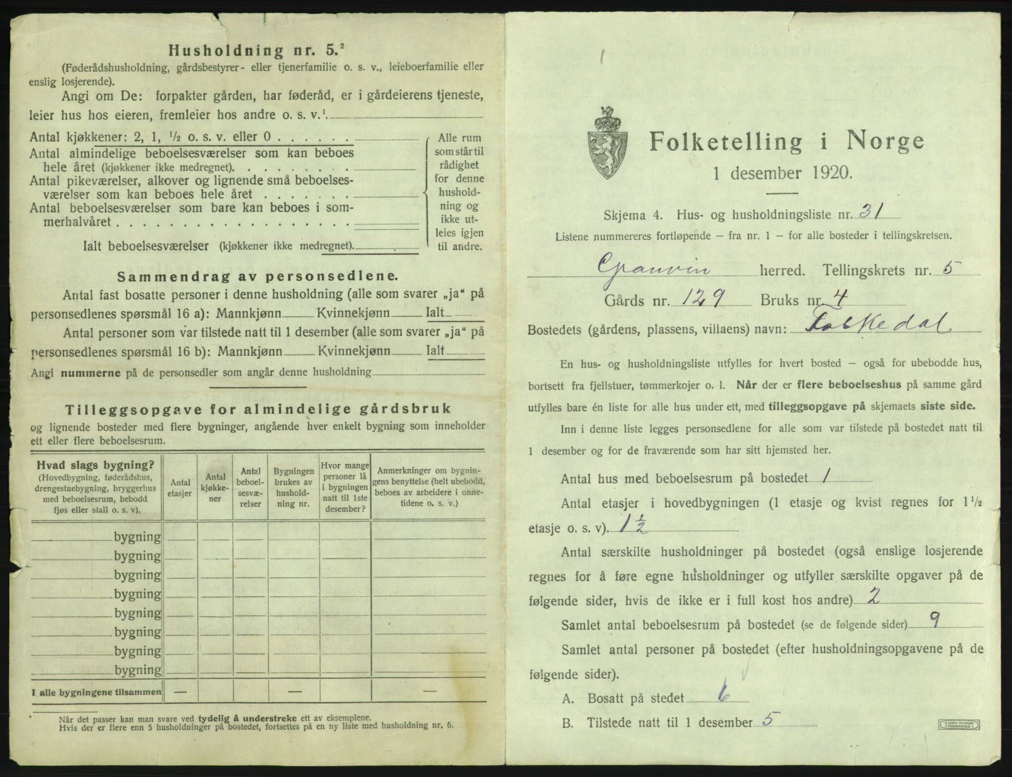 SAB, 1920 census for Granvin, 1920, p. 462