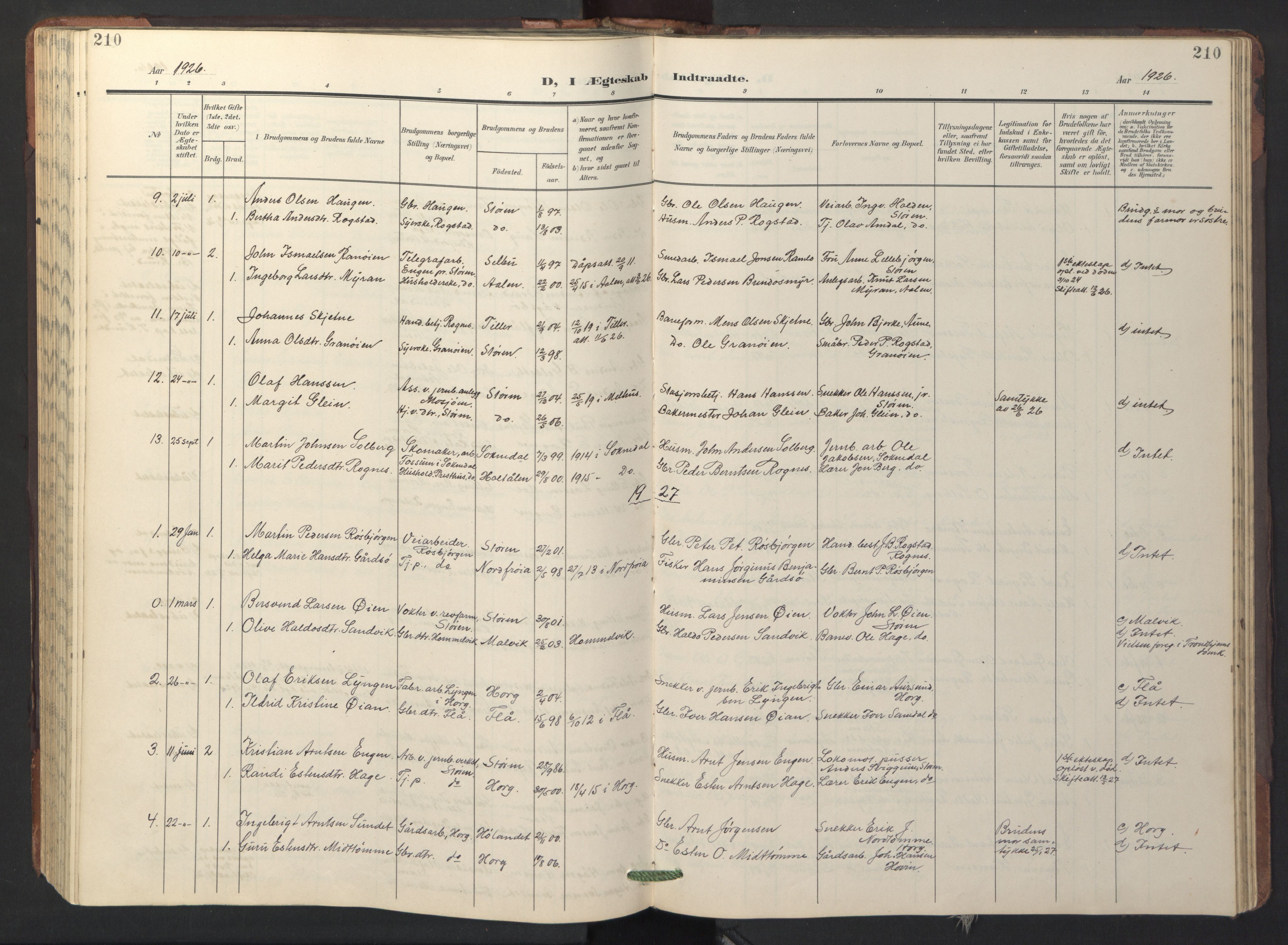 Ministerialprotokoller, klokkerbøker og fødselsregistre - Sør-Trøndelag, SAT/A-1456/687/L1019: Parish register (copy) no. 687C03, 1904-1931, p. 210