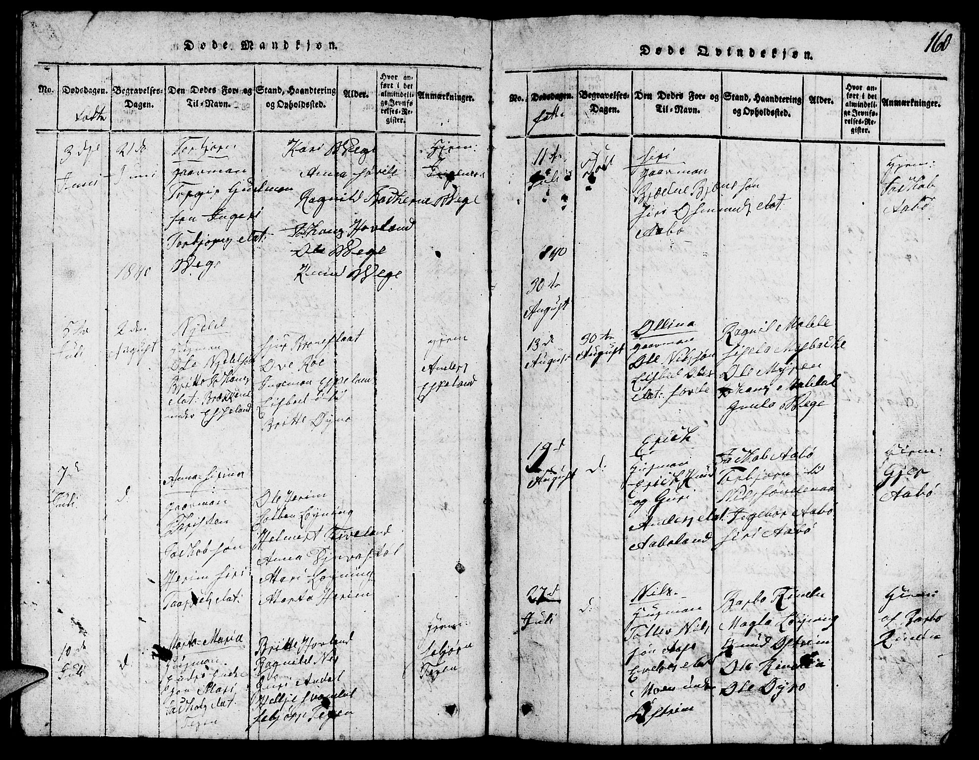 Suldal sokneprestkontor, SAST/A-101845/01/V/L0002: Parish register (copy) no. B 2, 1816-1845, p. 160