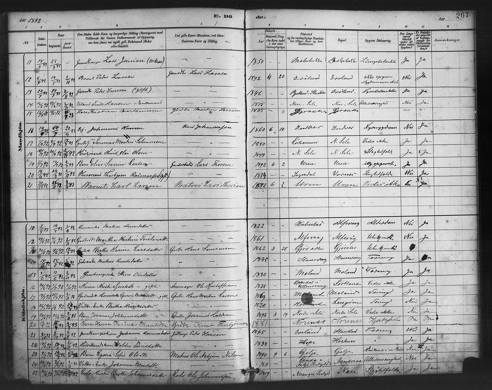 Finnås sokneprestembete, AV/SAB-A-99925/H/Ha/Haa/Haac/L0001: Parish register (official) no. C 1, 1881-1894, p. 267