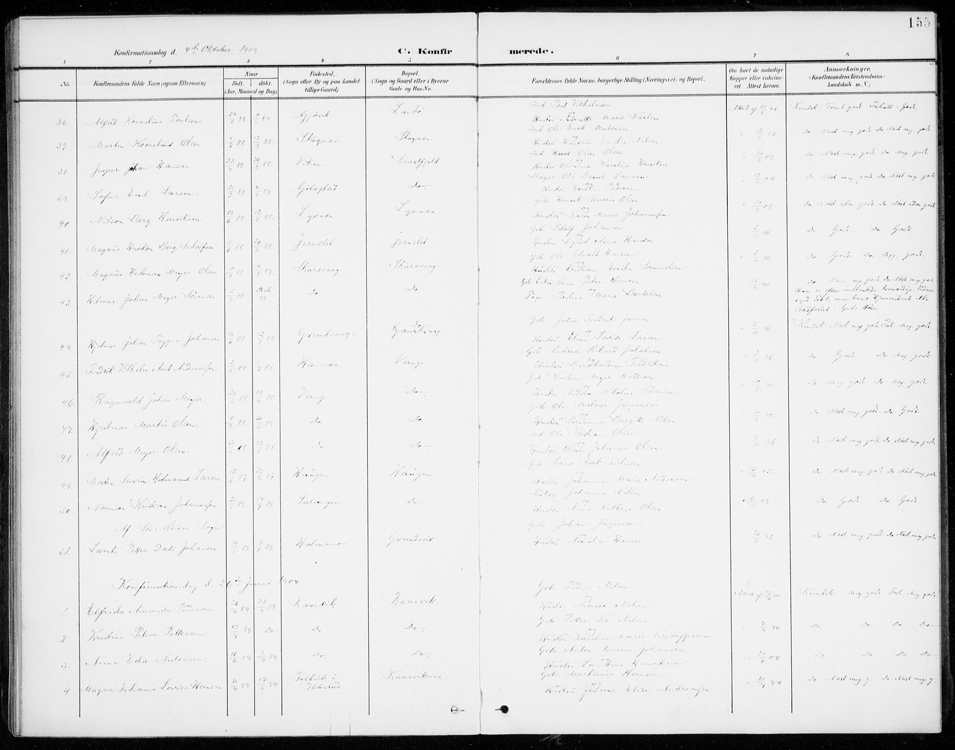 Lenvik sokneprestembete, AV/SATØ-S-1310/H/Ha/Haa/L0014kirke: Parish register (official) no. 14, 1899-1909, p. 155