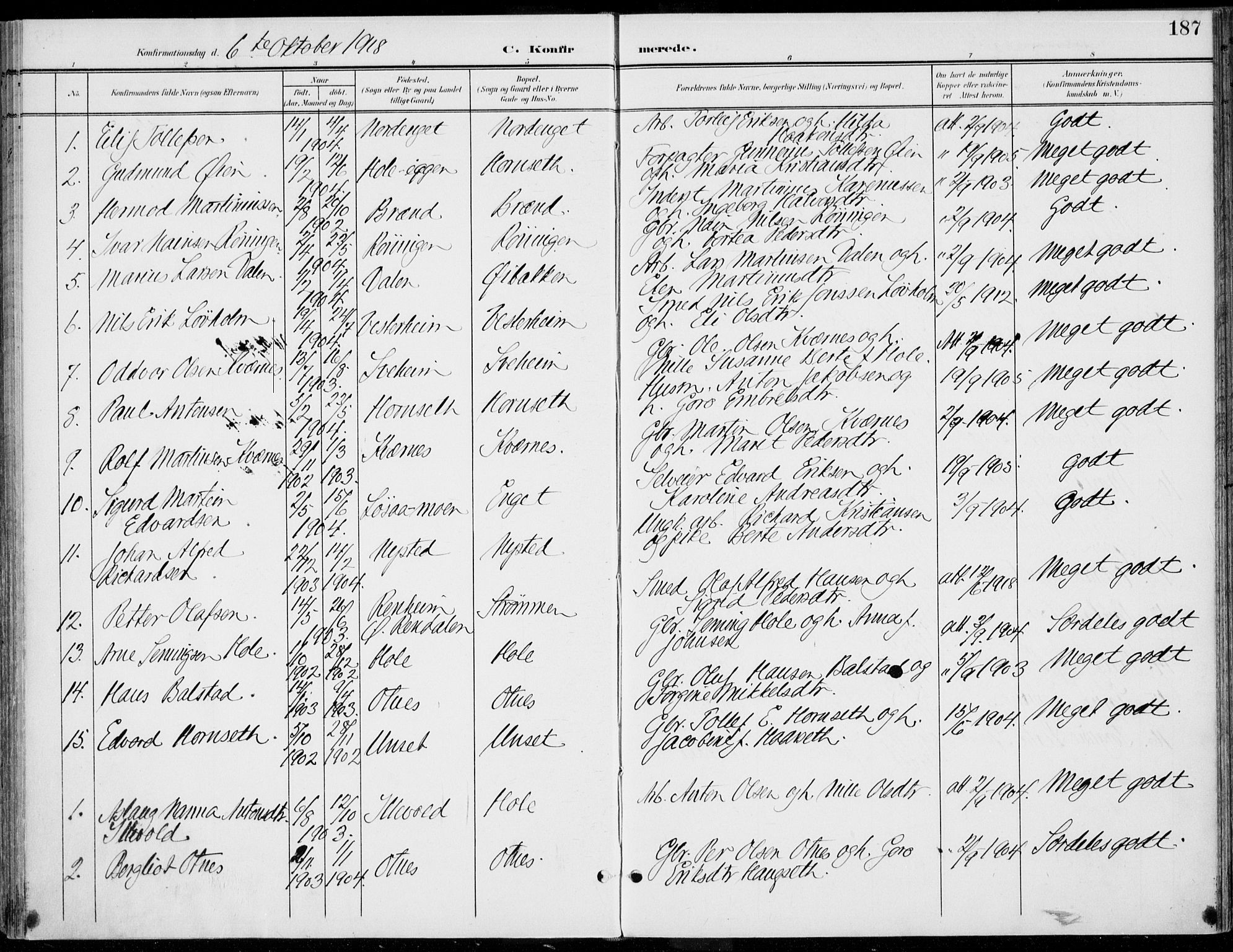 Rendalen prestekontor, SAH/PREST-054/H/Ha/Haa/L0011: Parish register (official) no. 11, 1901-1925, p. 187
