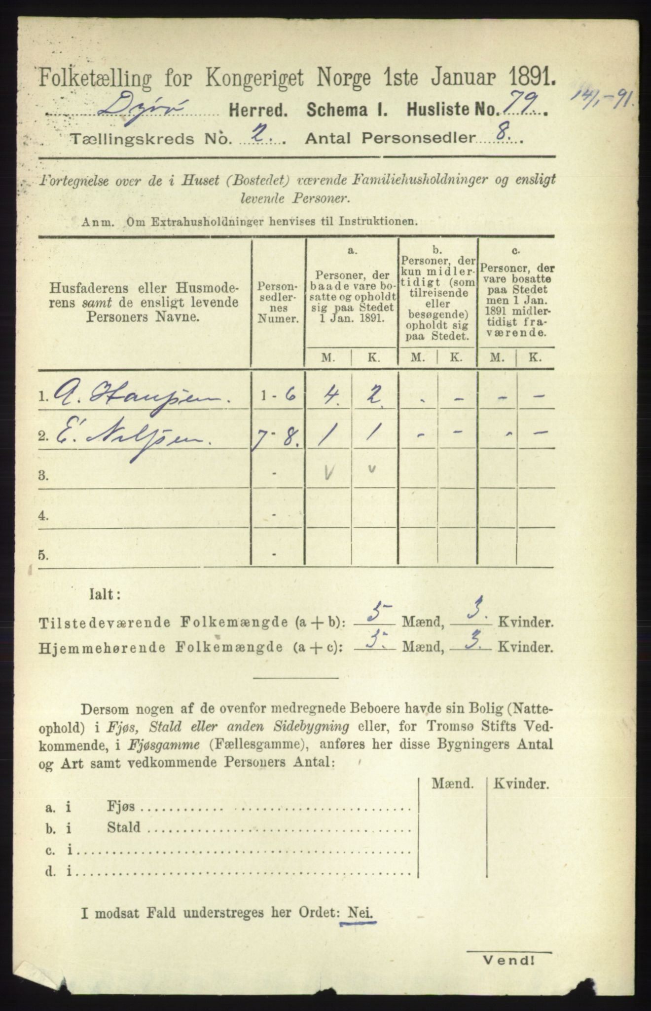 RA, 1891 census for 1926 Dyrøy, 1891, p. 531