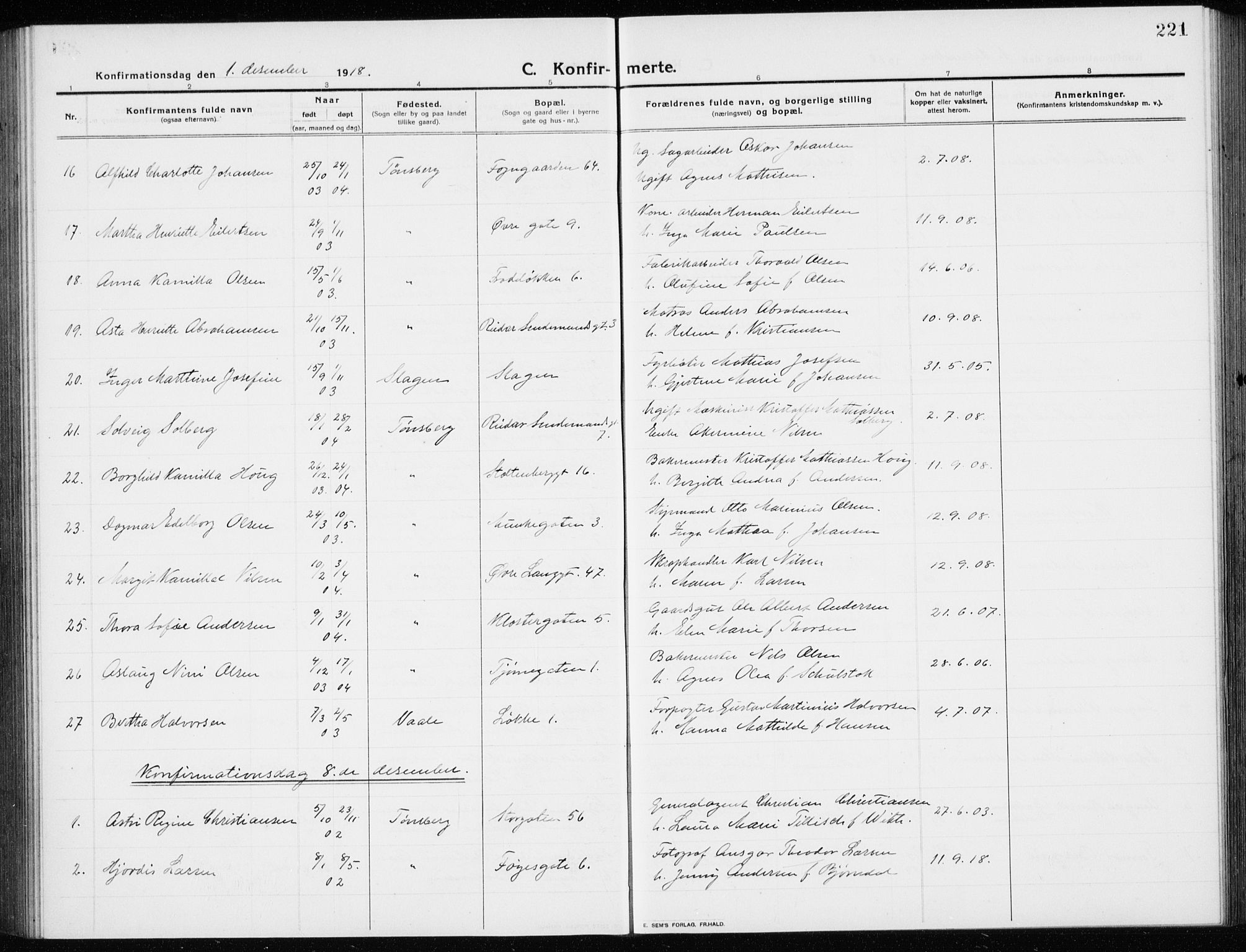 Tønsberg kirkebøker, AV/SAKO-A-330/G/Ga/L0009: Parish register (copy) no. 9, 1913-1920, p. 221