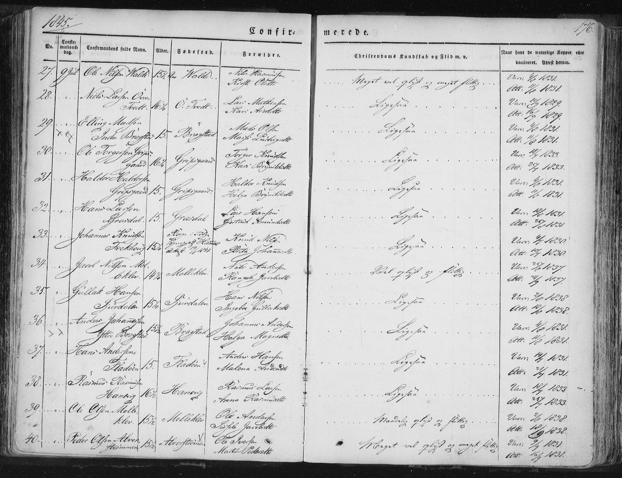 Hamre sokneprestembete, AV/SAB-A-75501/H/Ha/Haa/Haaa/L0012: Parish register (official) no. A 12, 1834-1845, p. 176