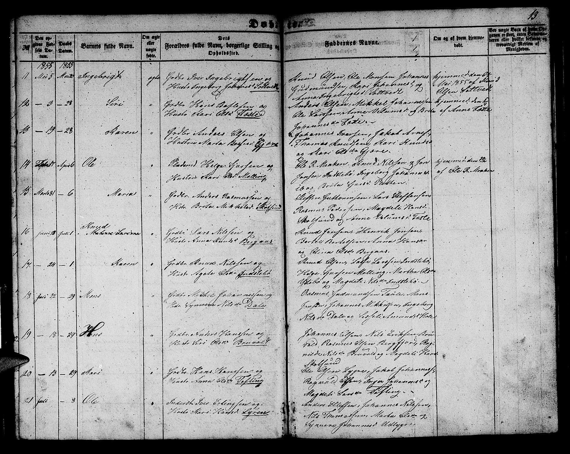 Alversund Sokneprestembete, SAB/A-73901/H/Ha/Hab: Parish register (copy) no. B 1, 1852-1865, p. 13