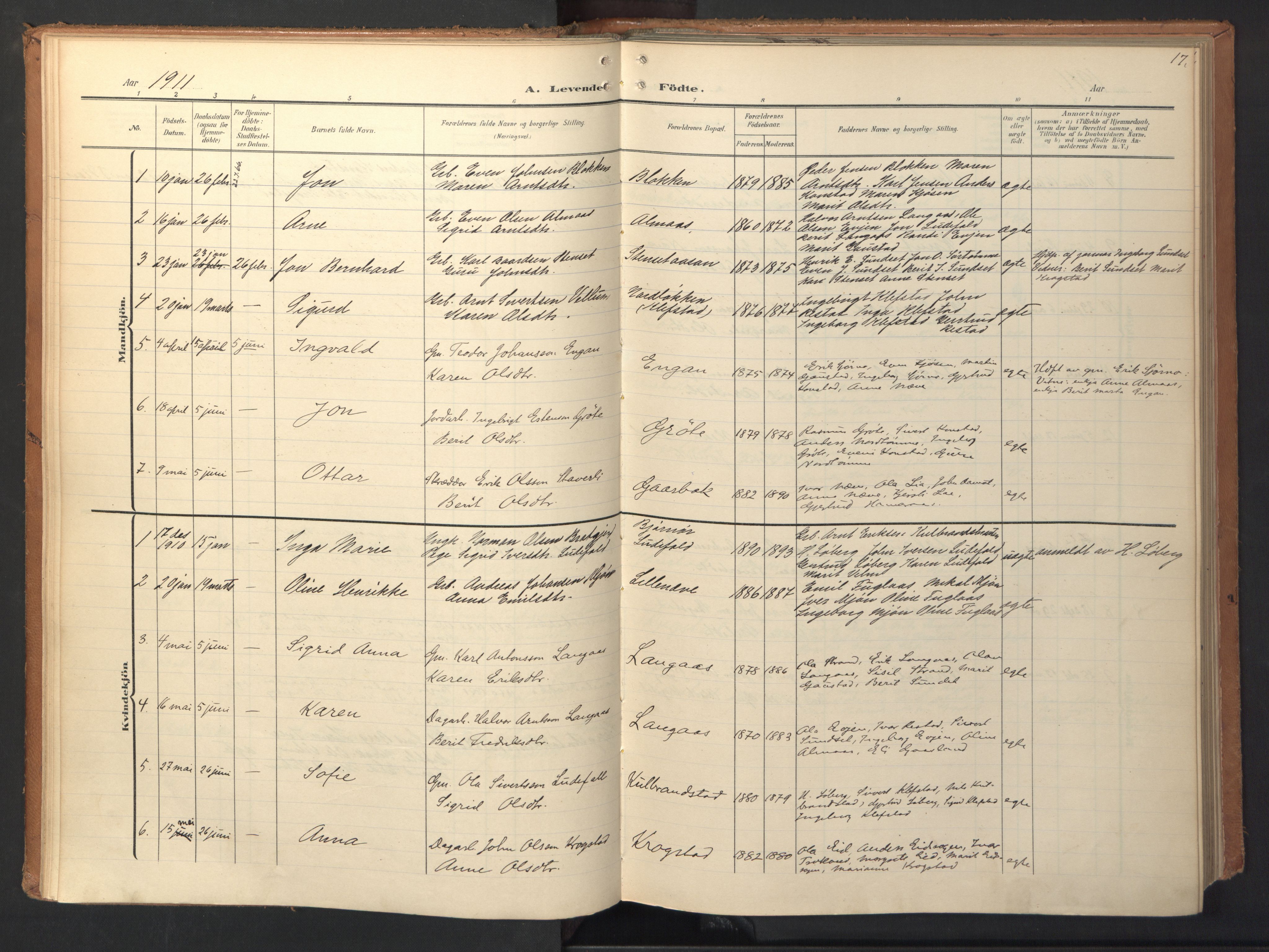 Ministerialprotokoller, klokkerbøker og fødselsregistre - Sør-Trøndelag, SAT/A-1456/694/L1128: Parish register (official) no. 694A02, 1906-1931, p. 17