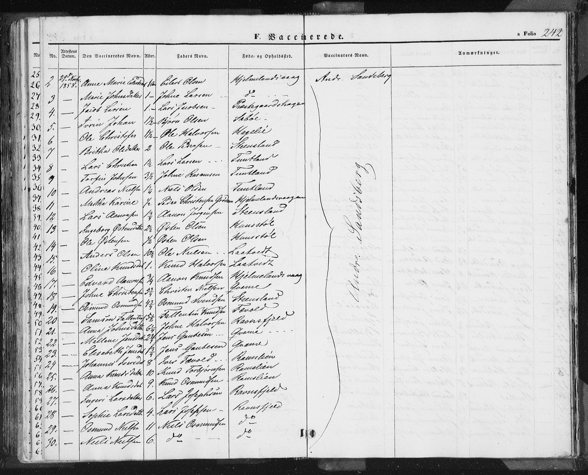 Hjelmeland sokneprestkontor, AV/SAST-A-101843/01/IV/L0009: Parish register (official) no. A 9, 1846-1860, p. 242