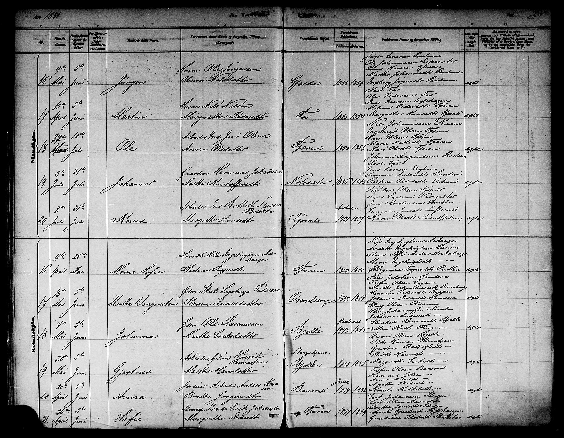 Sogndal sokneprestembete, AV/SAB-A-81301/H/Haa/Haab/L0001: Parish register (official) no. B 1, 1878-1899, p. 29