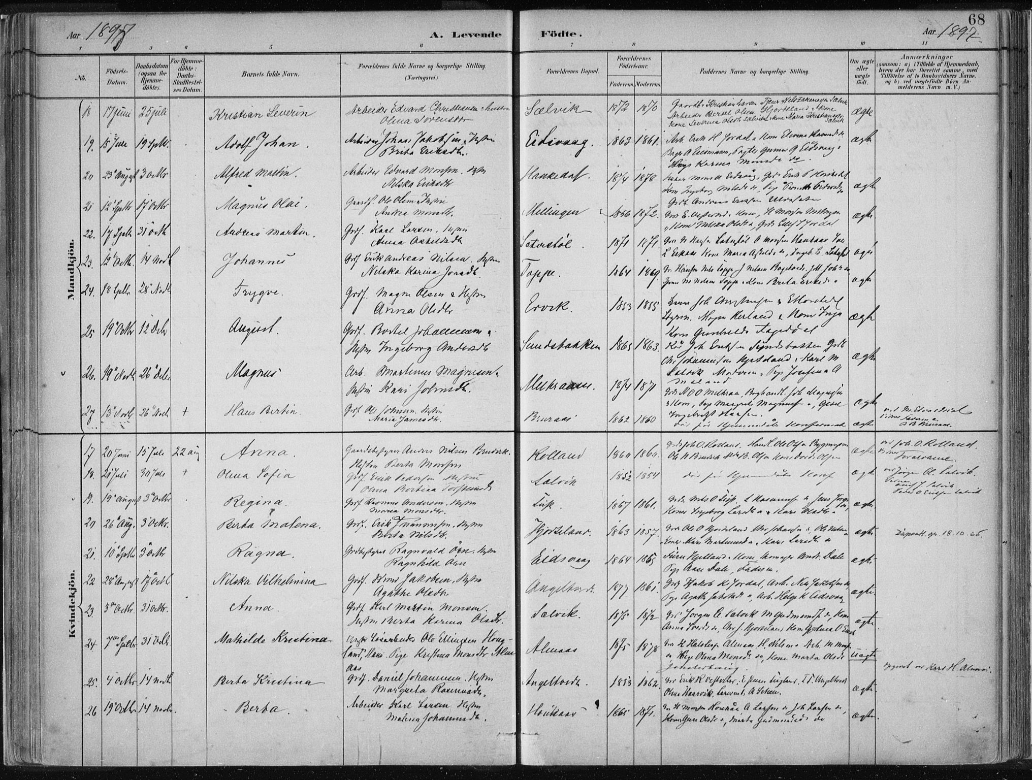 Hamre sokneprestembete, AV/SAB-A-75501/H/Ha/Haa/Haad/L0001: Parish register (official) no. D  1, 1882-1906, p. 68