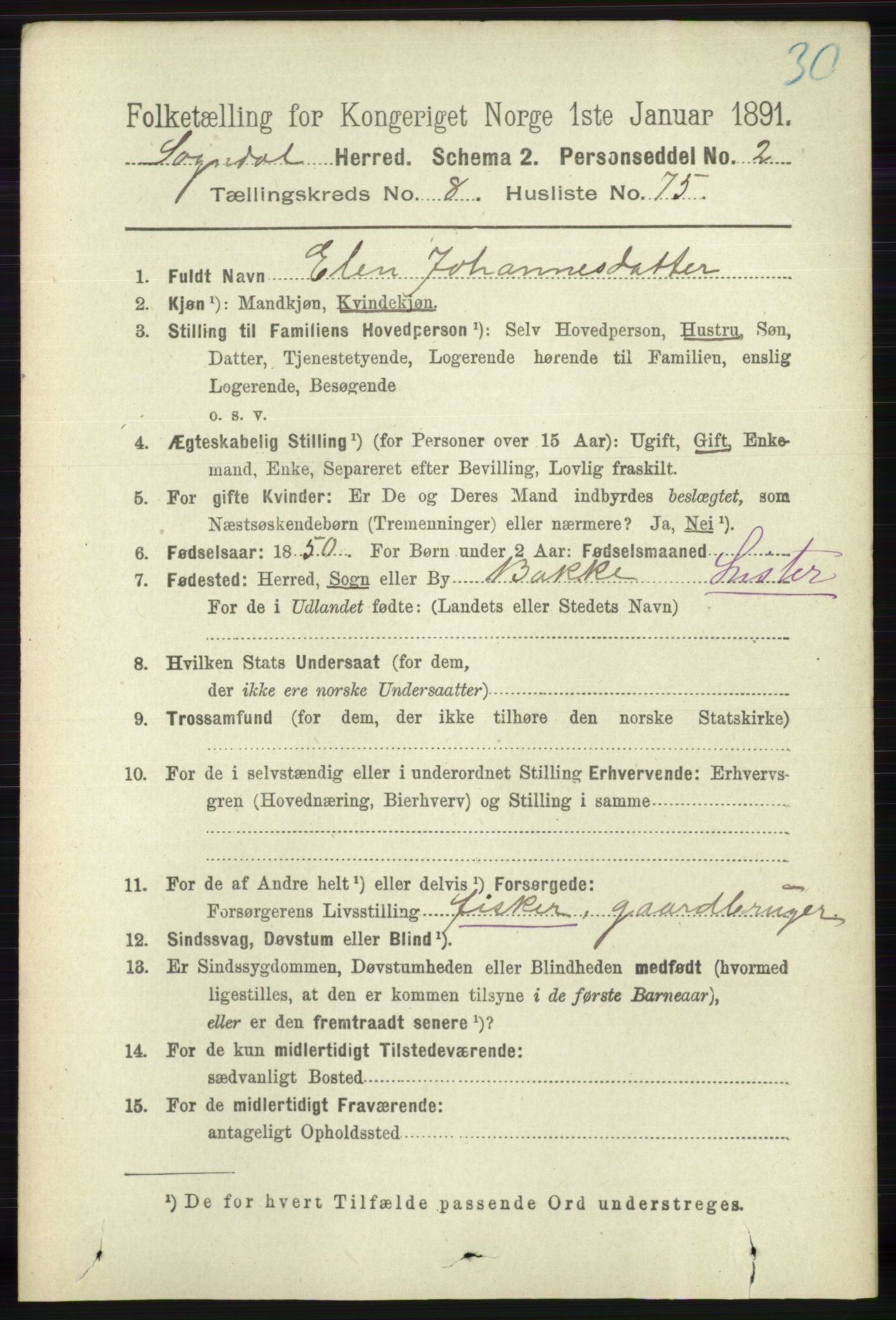 RA, 1891 census for 1111 Sokndal, 1891, p. 3111