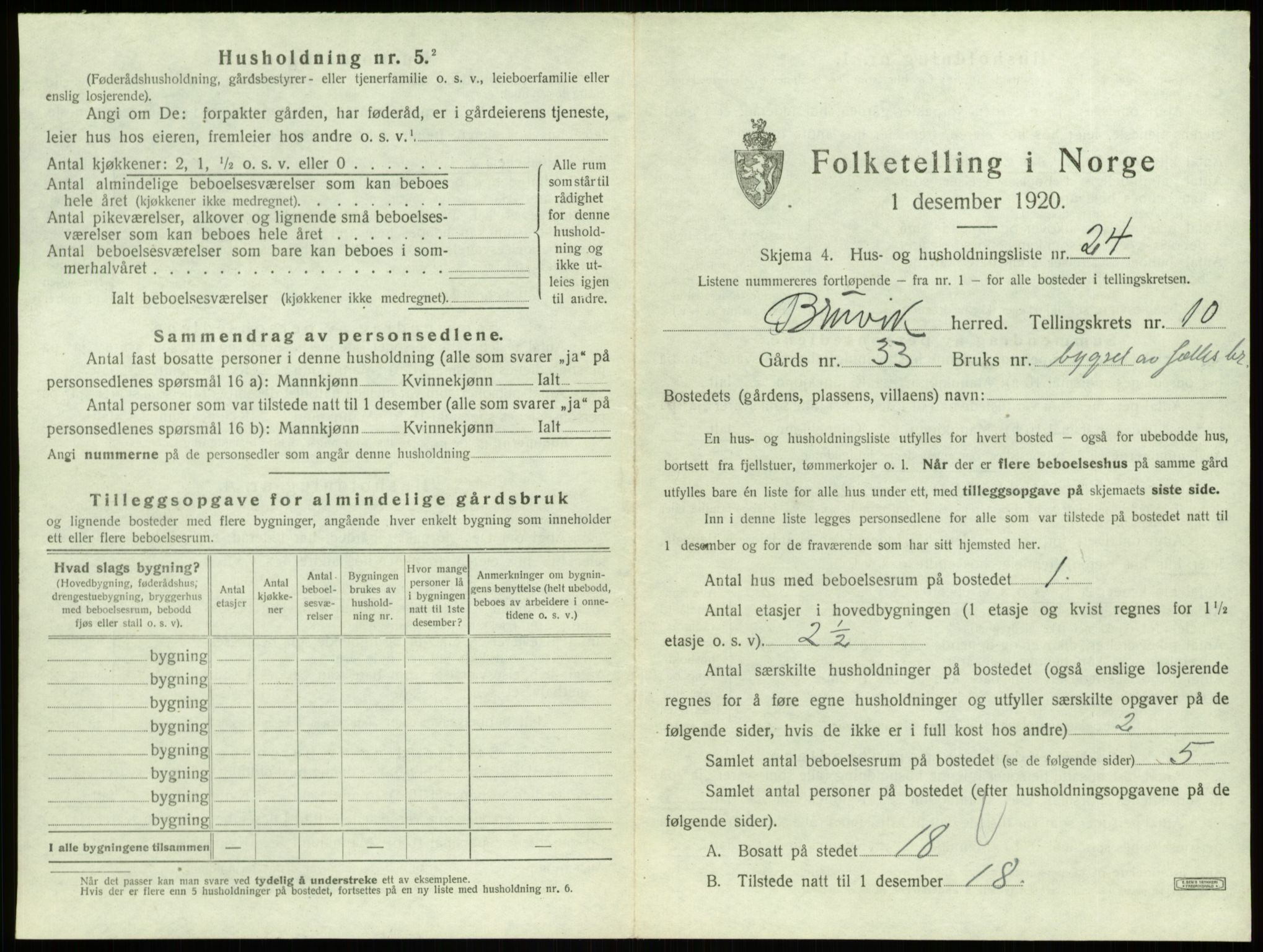 SAB, 1920 census for Bruvik, 1920, p. 806