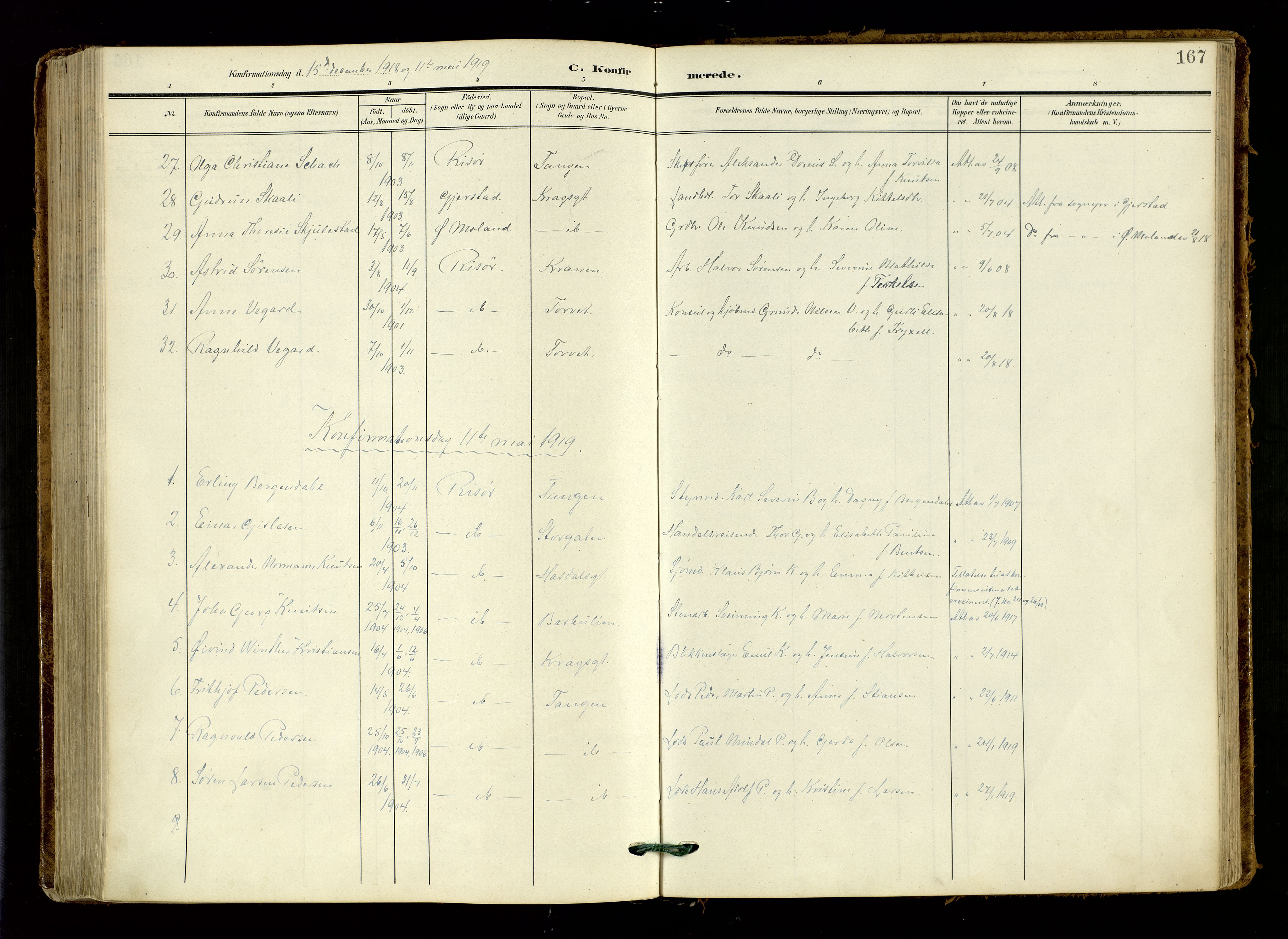 Risør sokneprestkontor, AV/SAK-1111-0035/F/Fa/L0011: Parish register (official) no. A 11, 1907-1920, p. 167