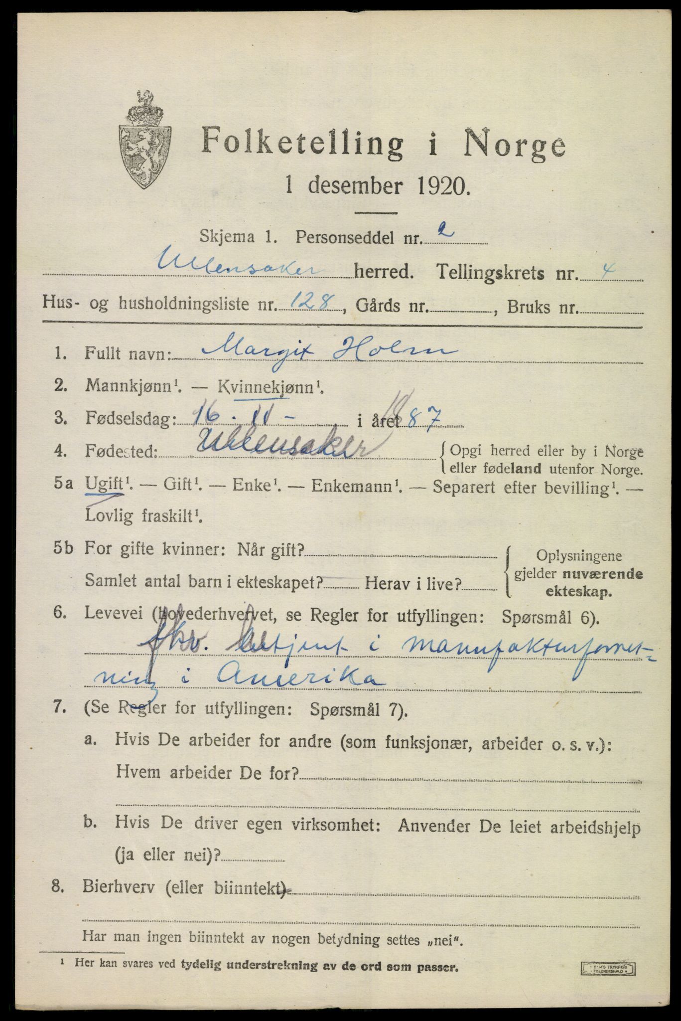 SAO, 1920 census for Ullensaker, 1920, p. 8833