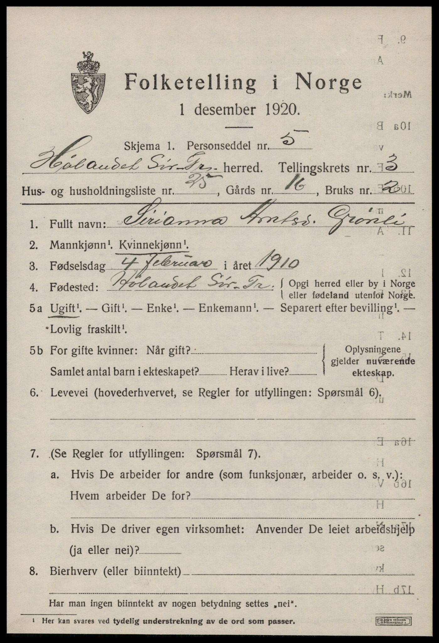 SAT, 1920 census for Hølonda, 1920, p. 1451