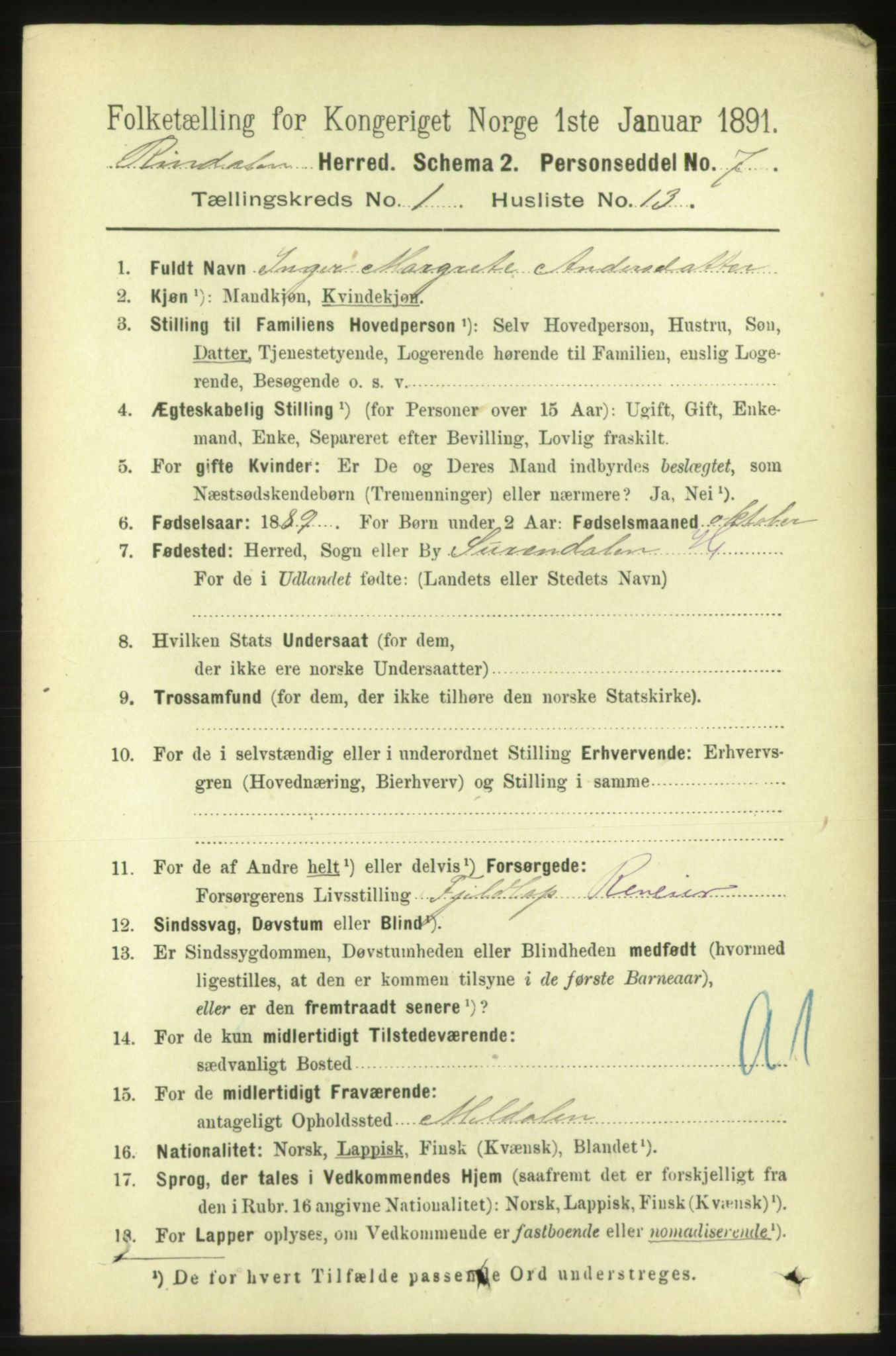 RA, 1891 census for 1567 Rindal, 1891, p. 136