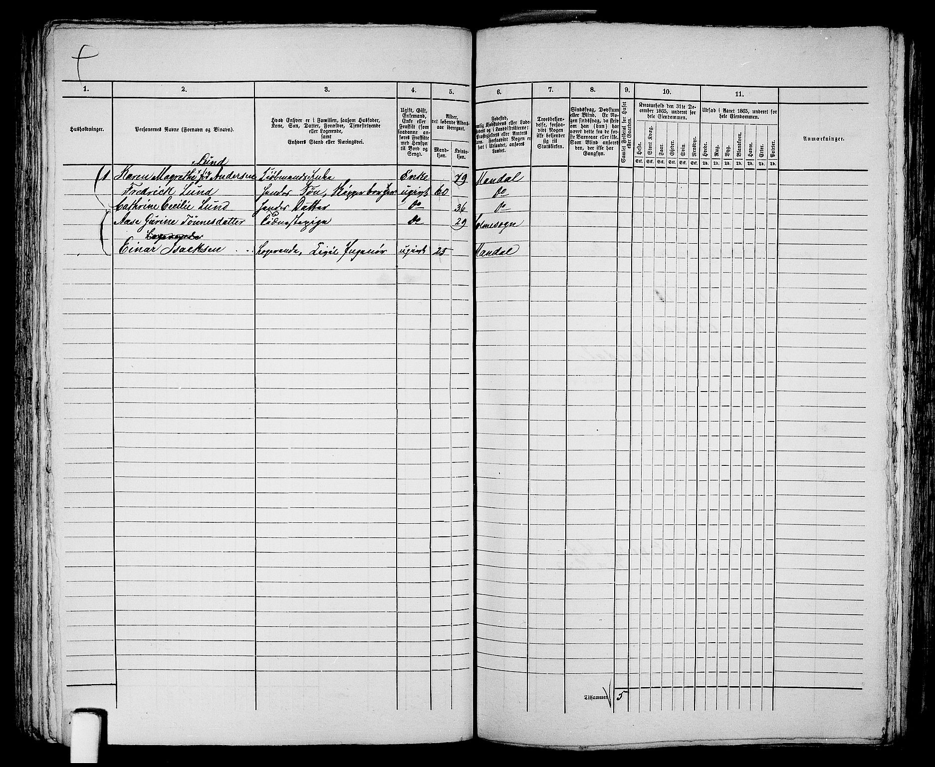 RA, 1865 census for Mandal/Mandal, 1865, p. 136