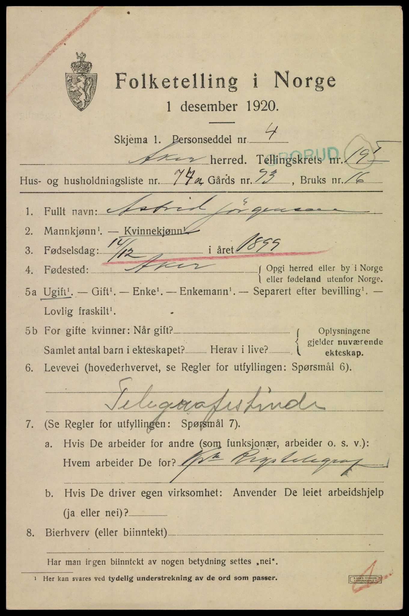 SAO, 1920 census for Aker, 1920, p. 121998