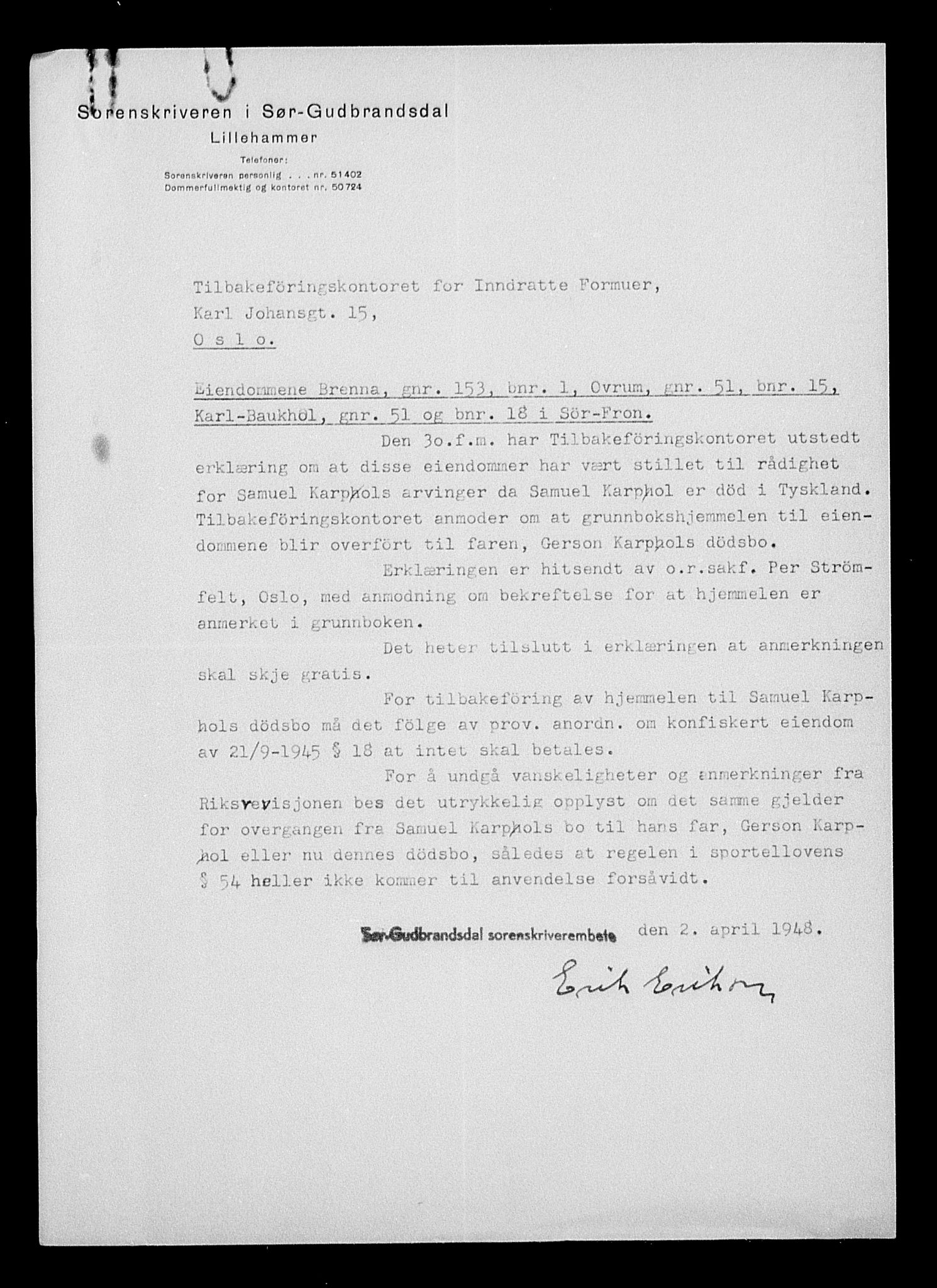 Justisdepartementet, Tilbakeføringskontoret for inndratte formuer, AV/RA-S-1564/H/Hc/Hcc/L0949: --, 1945-1947, p. 462