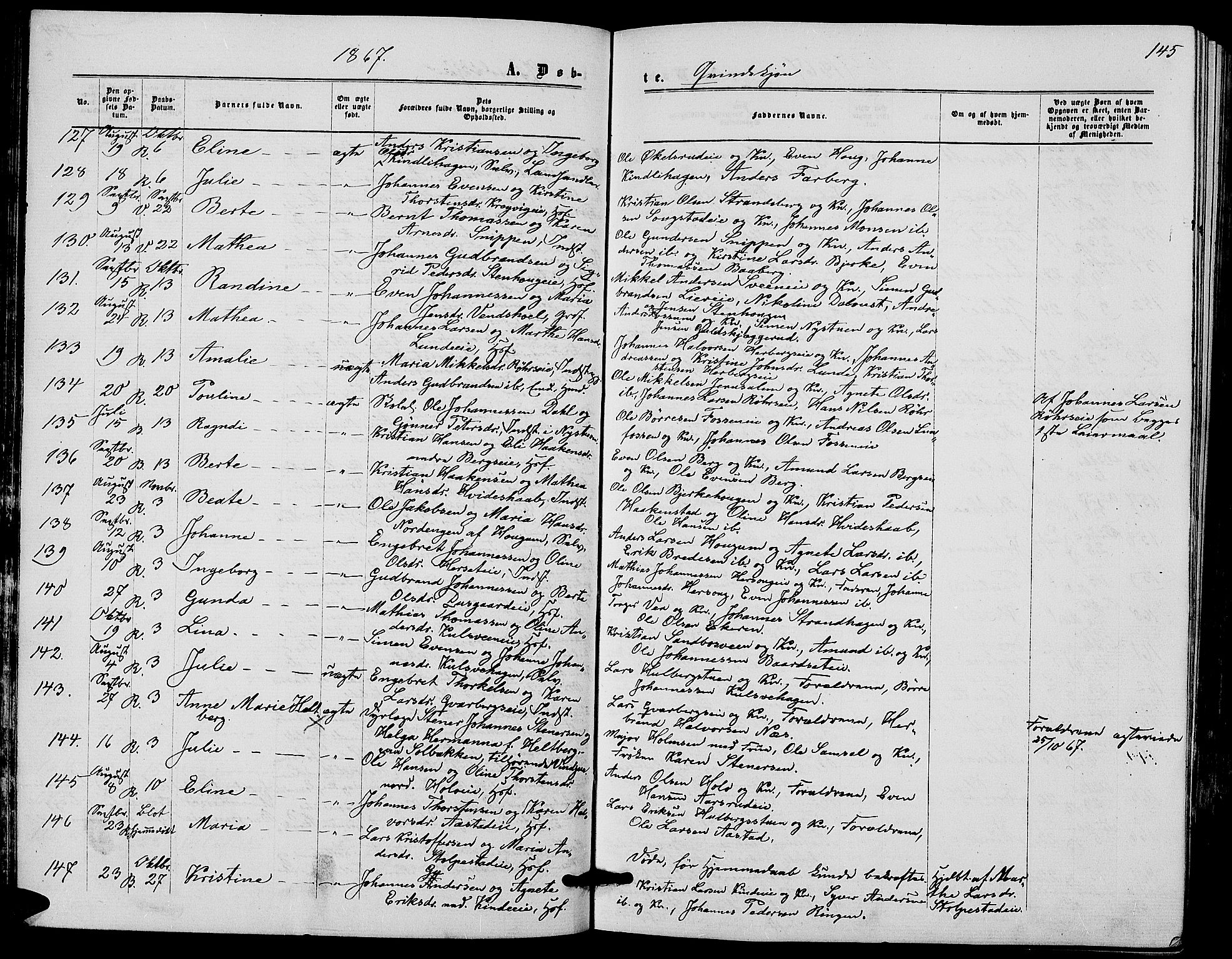 Ringsaker prestekontor, SAH/PREST-014/L/La/L0007: Parish register (copy) no. 7, 1861-1869, p. 145