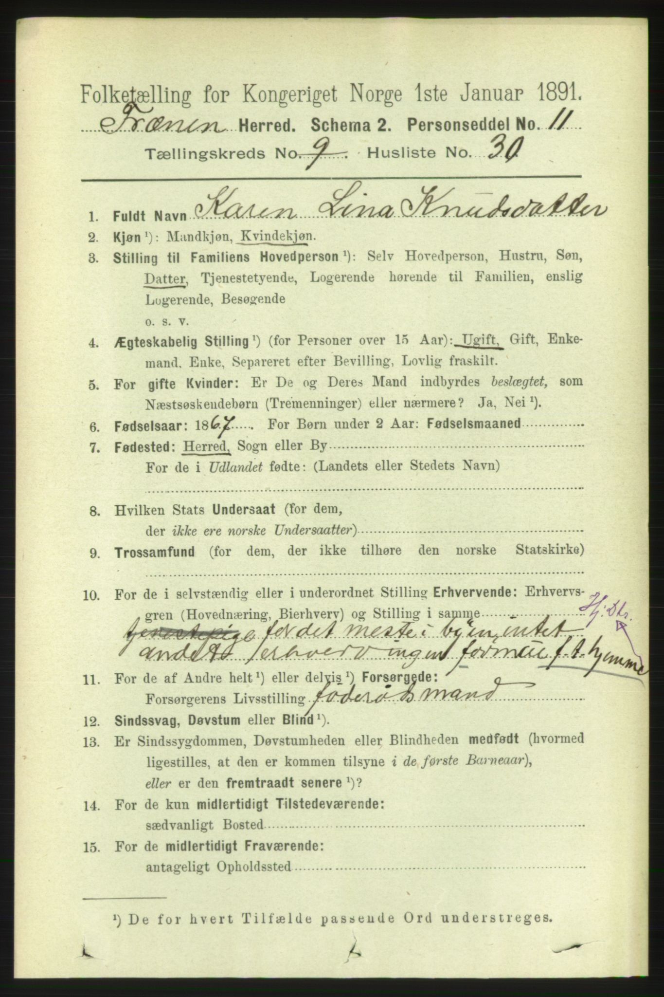 RA, 1891 census for 1548 Fræna, 1891, p. 3037