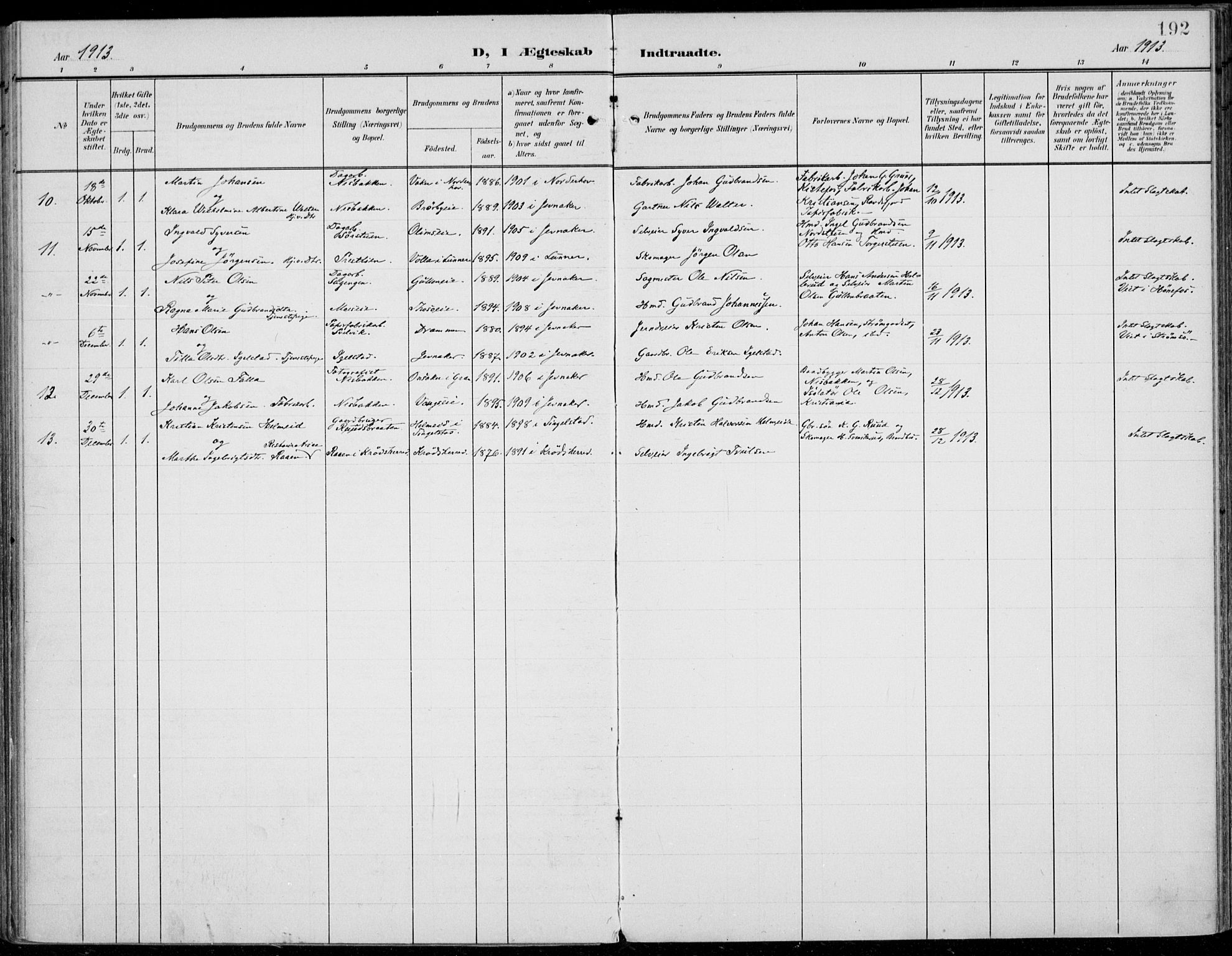 Jevnaker prestekontor, AV/SAH-PREST-116/H/Ha/Haa/L0011: Parish register (official) no. 11, 1902-1913, p. 192