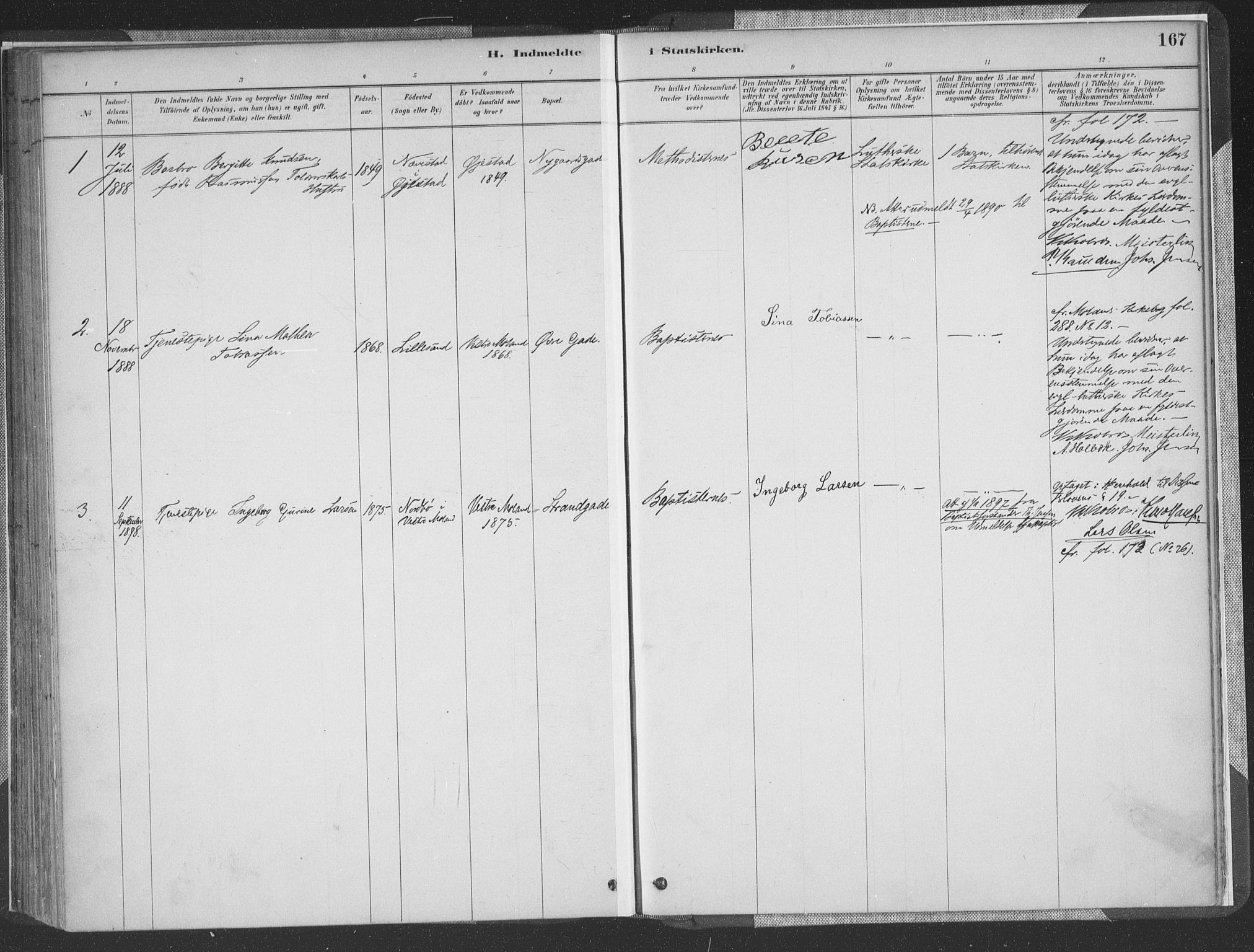 Vestre Moland sokneprestkontor, SAK/1111-0046/F/Fa/Faa/L0001: Parish register (official) no. A 1, 1884-1899, p. 167
