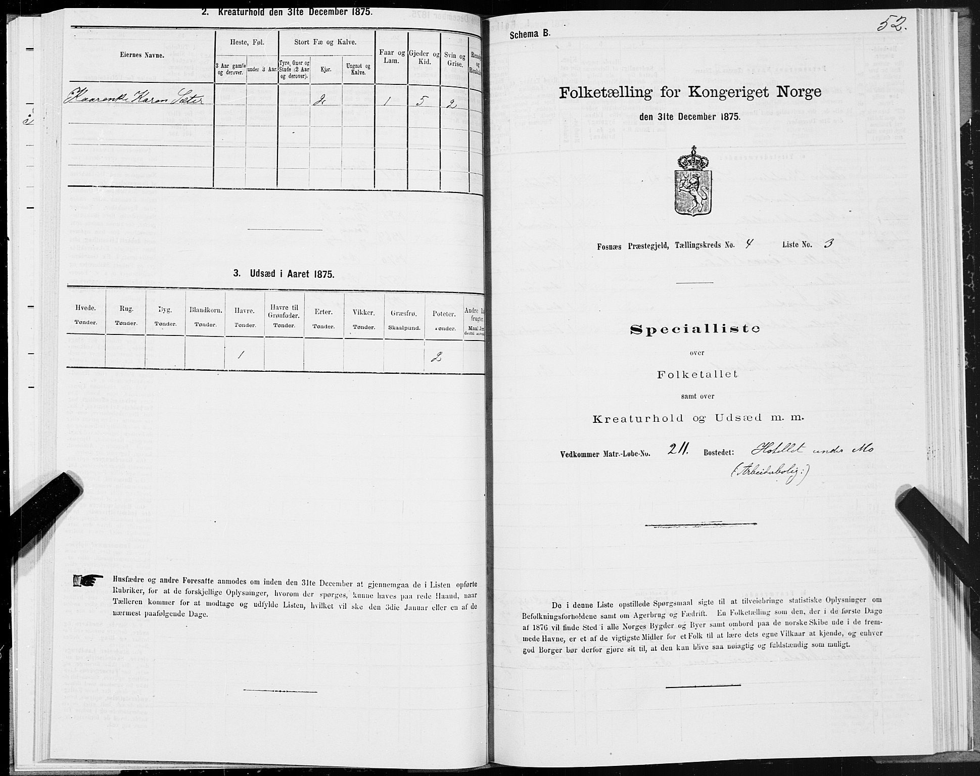 SAT, 1875 census for 1748P Fosnes, 1875, p. 2052