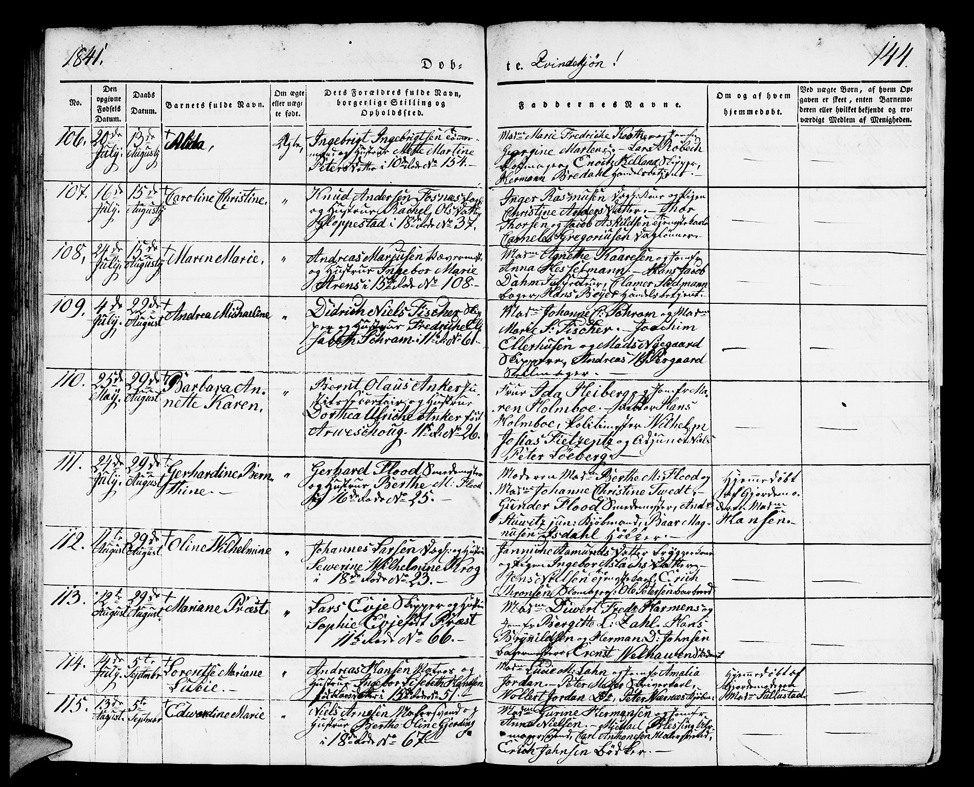 Domkirken sokneprestembete, SAB/A-74801/H/Hab/L0008: Parish register (copy) no. B 1, 1836-1841, p. 144
