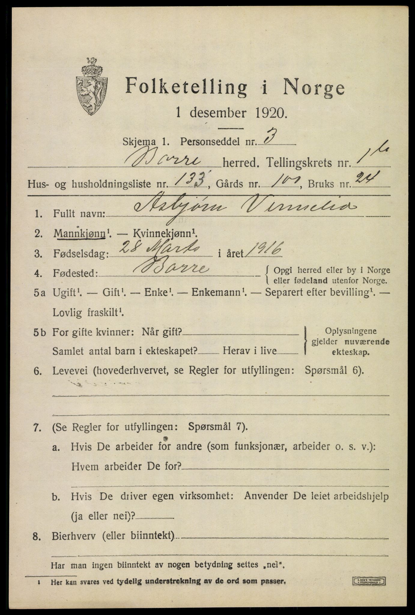 SAKO, 1920 census for Borre, 1920, p. 3964