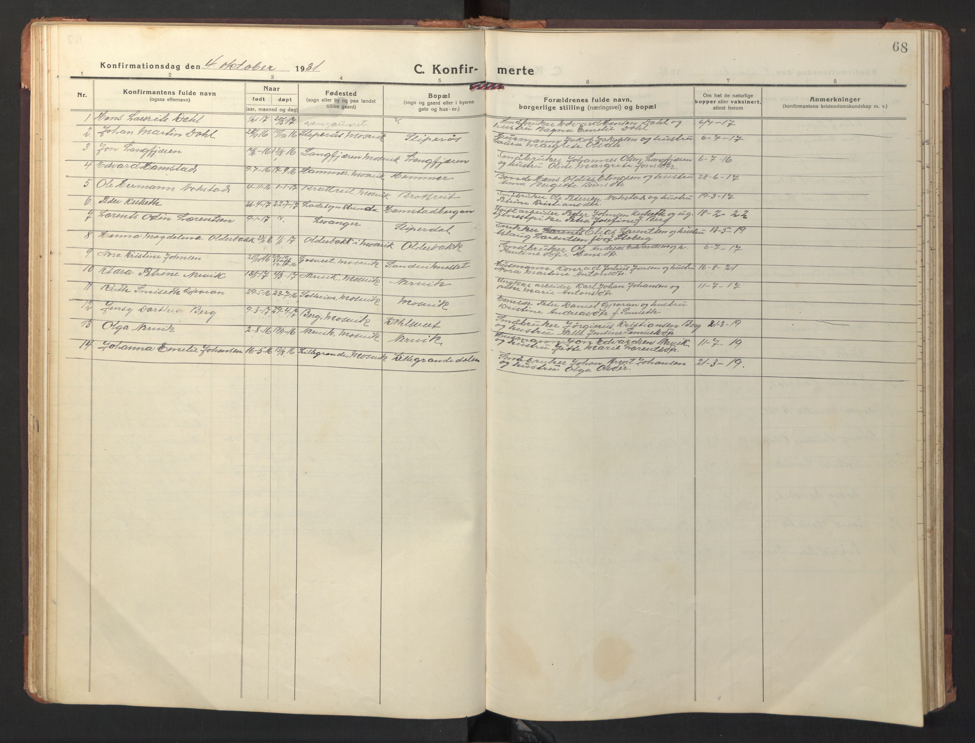 Ministerialprotokoller, klokkerbøker og fødselsregistre - Nord-Trøndelag, AV/SAT-A-1458/733/L0328: Parish register (copy) no. 733C03, 1919-1966, p. 68