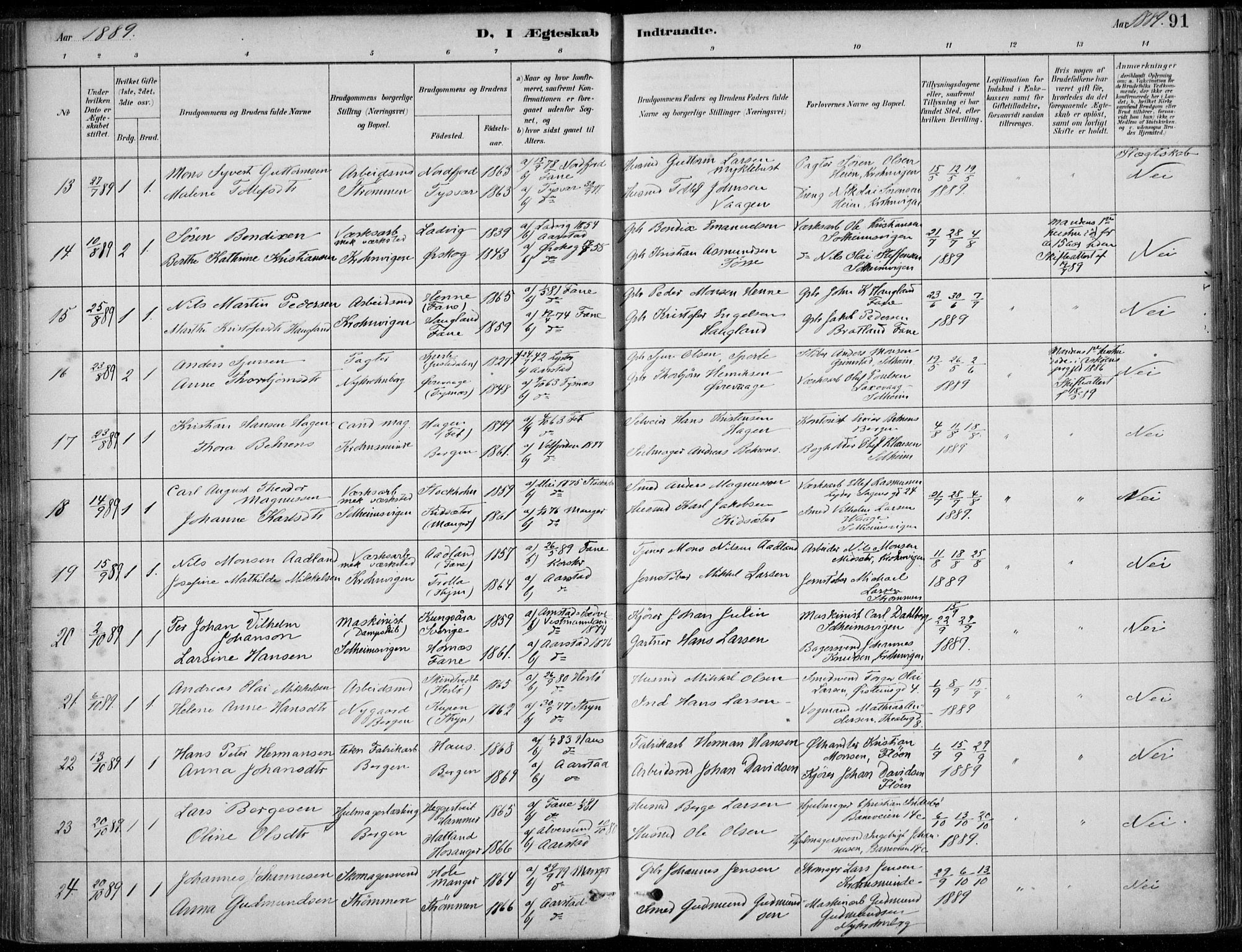 Årstad Sokneprestembete, AV/SAB-A-79301/H/Haa/L0006: Parish register (official) no. B 1, 1886-1901, p. 91