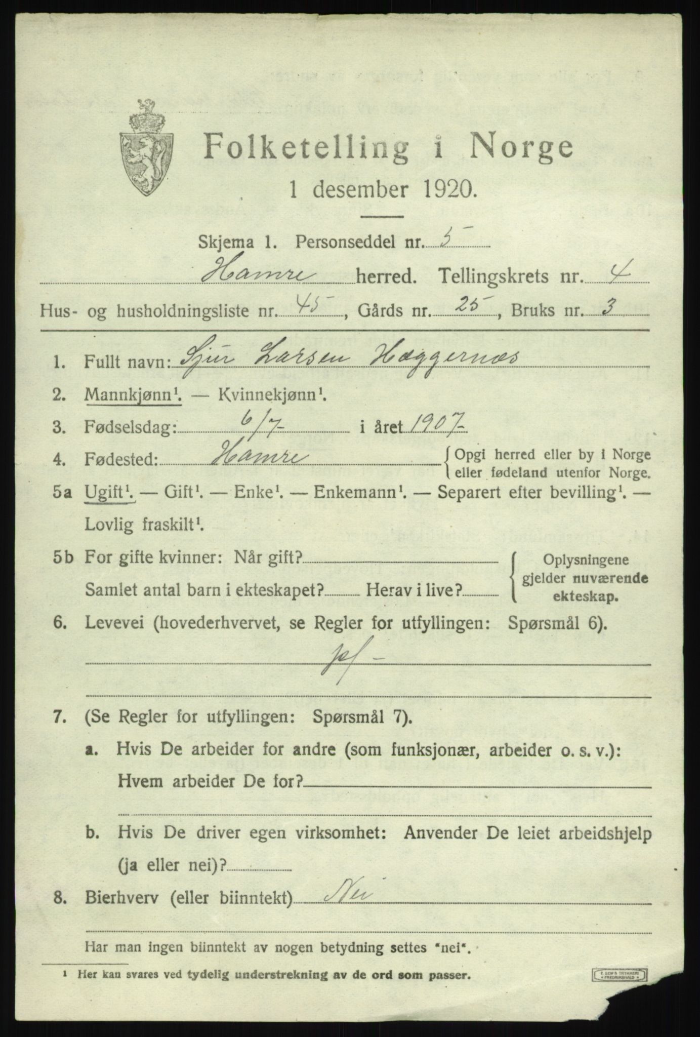 SAB, 1920 census for Hamre, 1920, p. 2859