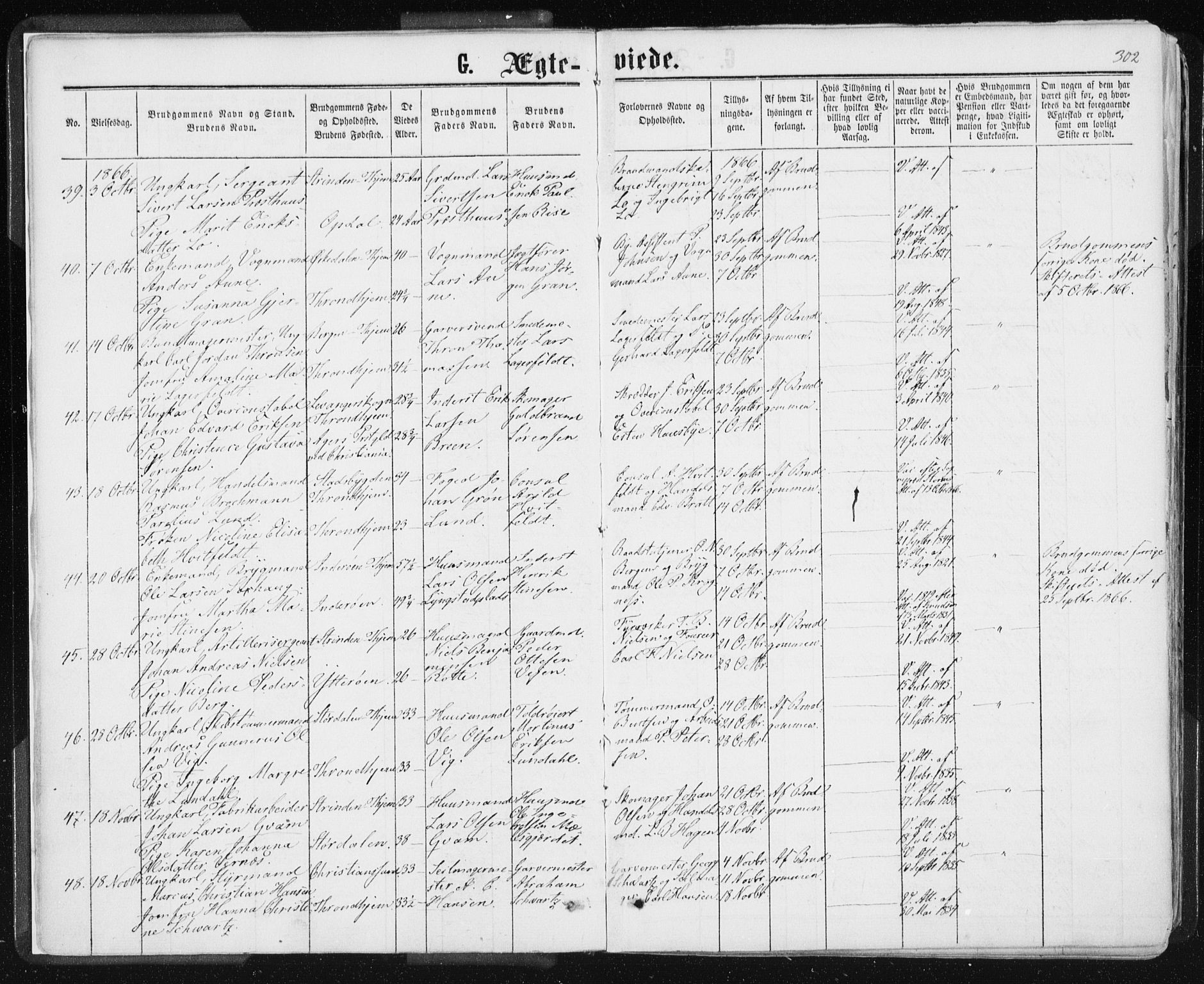 Ministerialprotokoller, klokkerbøker og fødselsregistre - Sør-Trøndelag, AV/SAT-A-1456/601/L0055: Parish register (official) no. 601A23, 1866-1877, p. 302