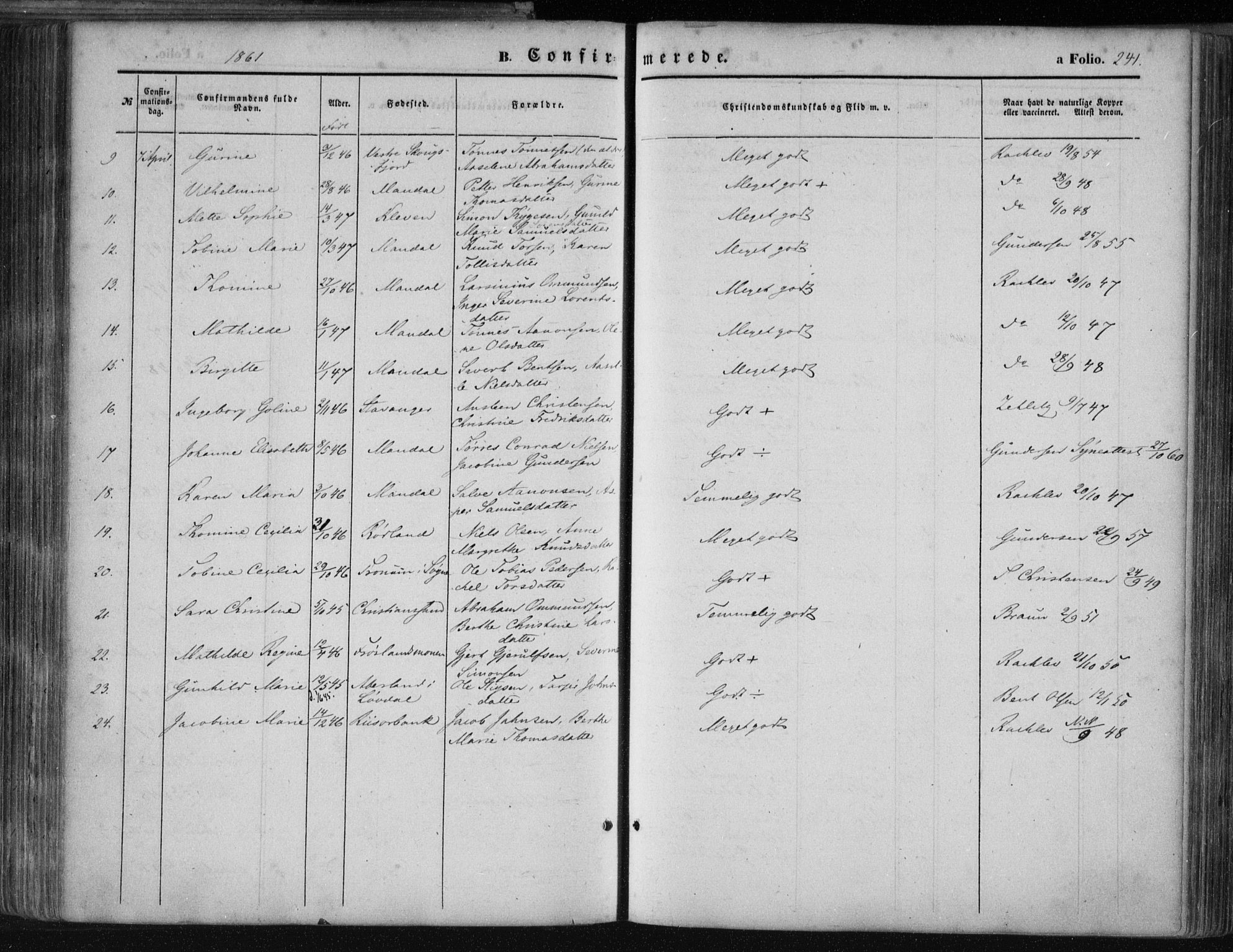 Mandal sokneprestkontor, AV/SAK-1111-0030/F/Fa/Faa/L0014: Parish register (official) no. A 14, 1859-1872, p. 241