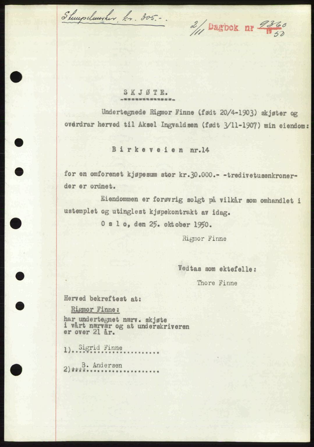 Byfogd og Byskriver i Bergen, SAB/A-3401/03/03Bc/L0034: Mortgage book no. A27-28, 1950-1950, Diary no: : 9360/1950