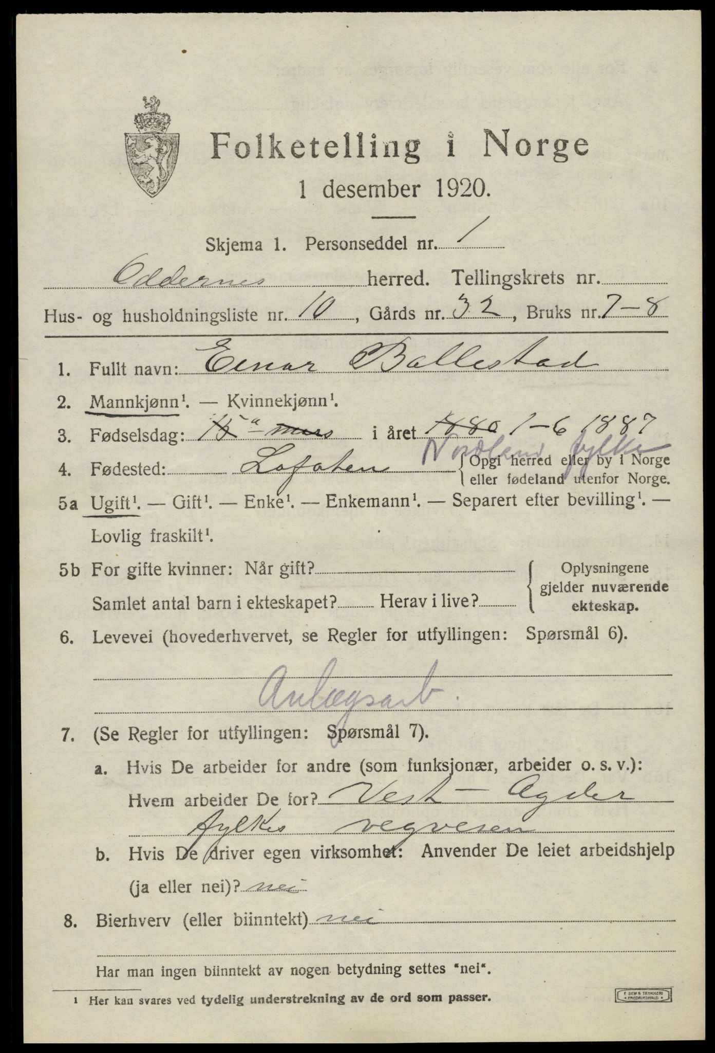 SAK, 1920 census for Oddernes, 1920, p. 5439