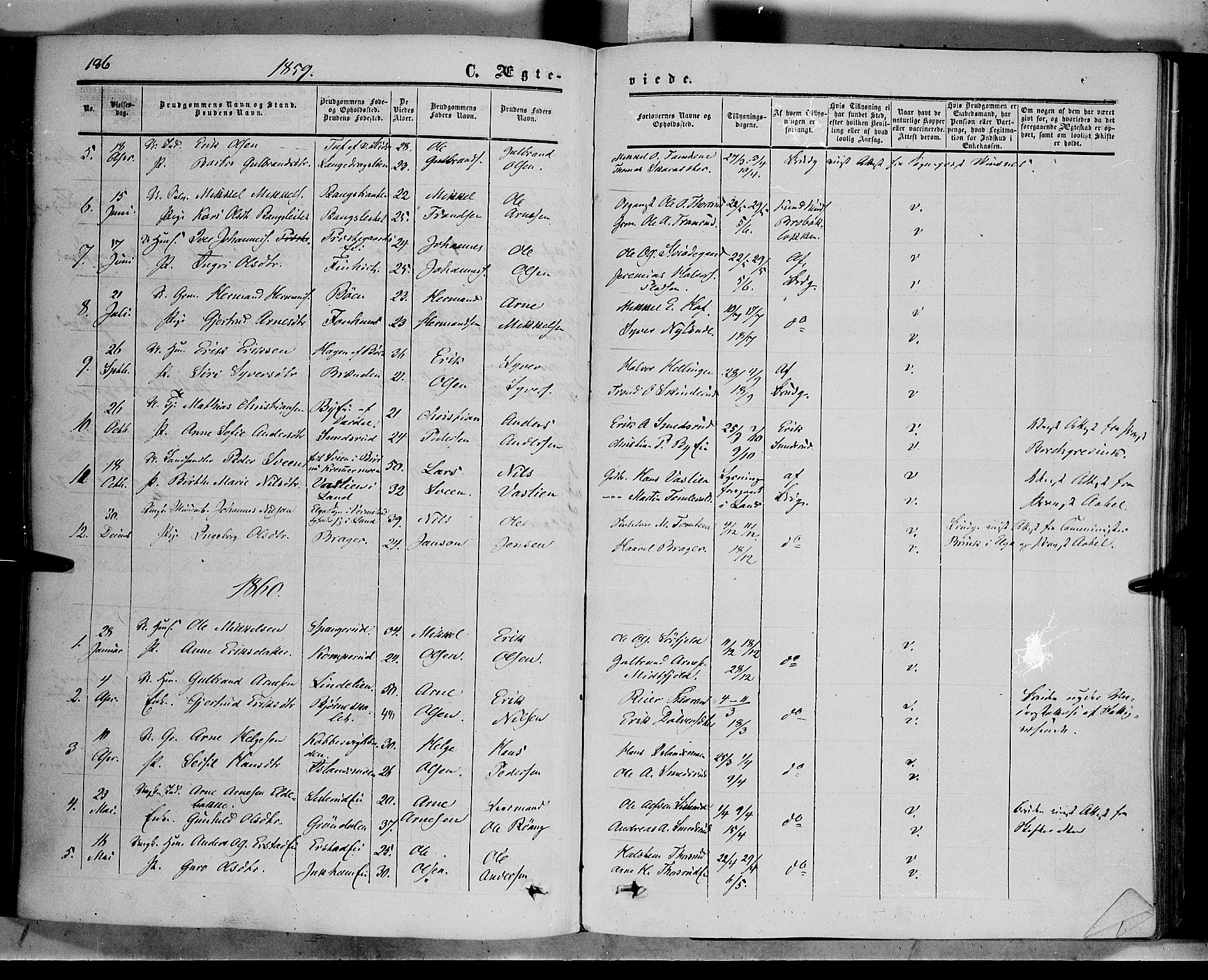 Sør-Aurdal prestekontor, SAH/PREST-128/H/Ha/Haa/L0005: Parish register (official) no. 5, 1849-1876, p. 186