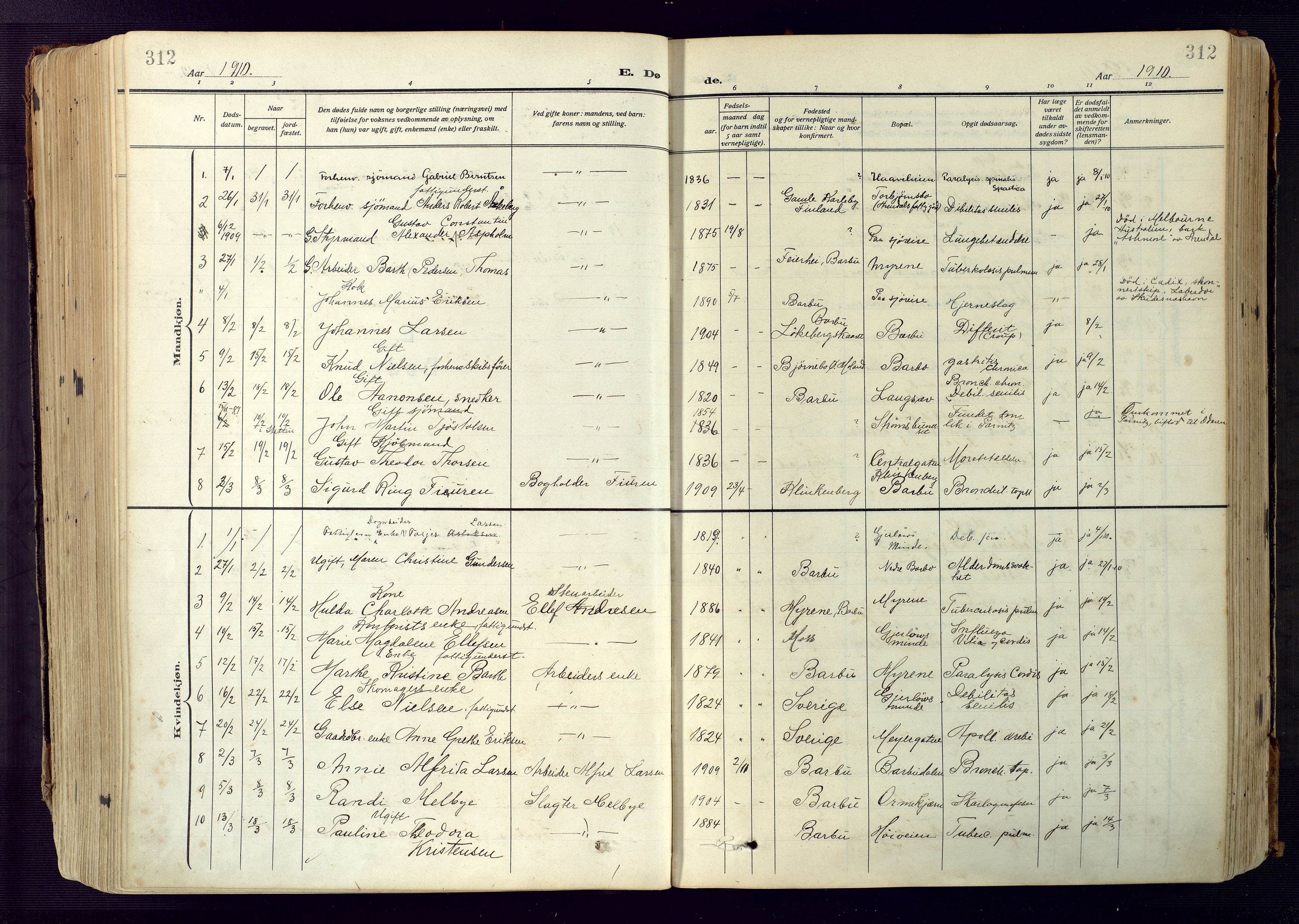 Barbu sokneprestkontor, SAK/1111-0003/F/Fa/L0006: Parish register (official) no. A 6, 1910-1929, p. 312