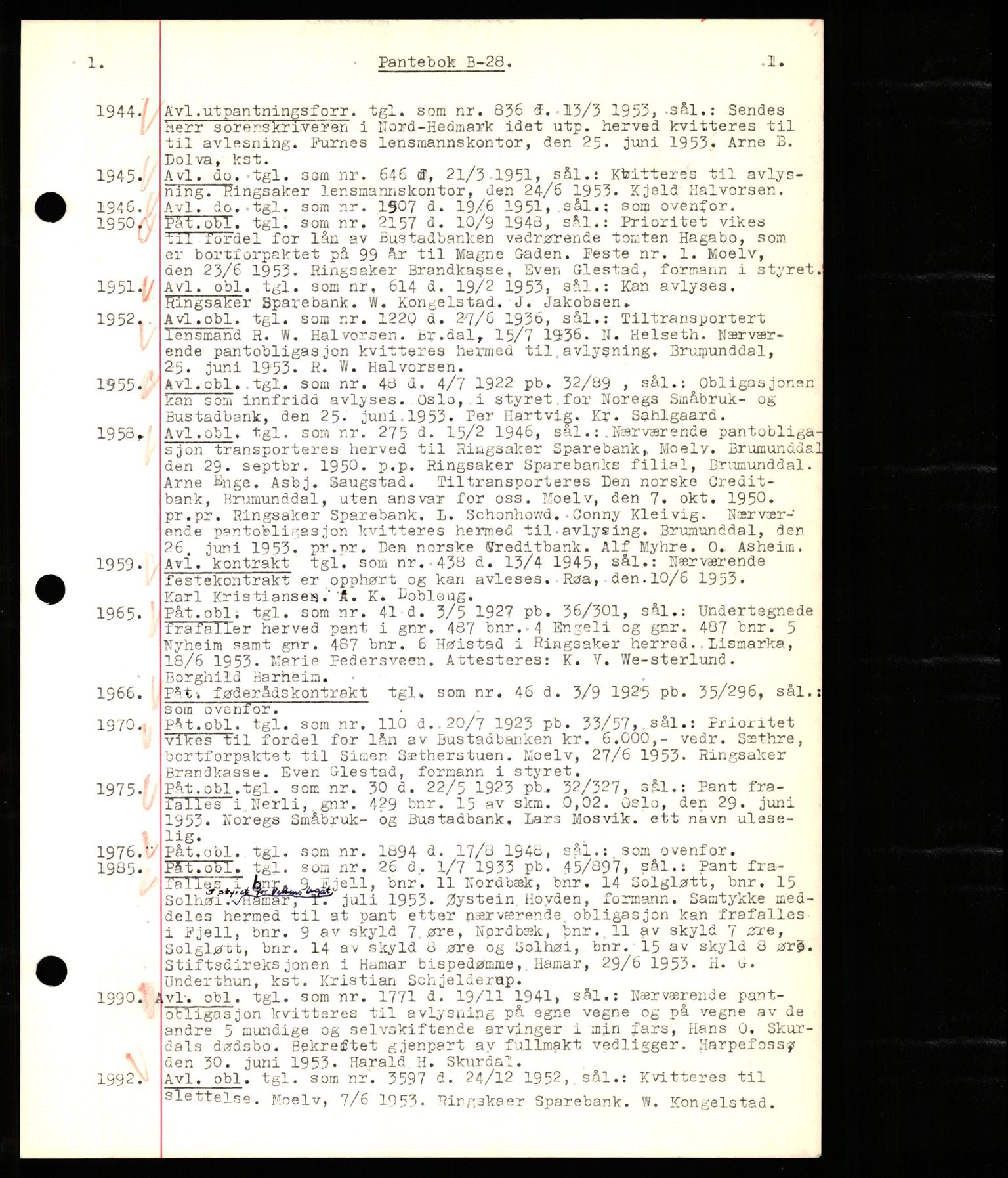 Nord-Hedmark sorenskriveri, SAH/TING-012/H/Hb/Hbf/L0028: Mortgage book no. B28, 1953-1953, Diary no: : 1944/1953