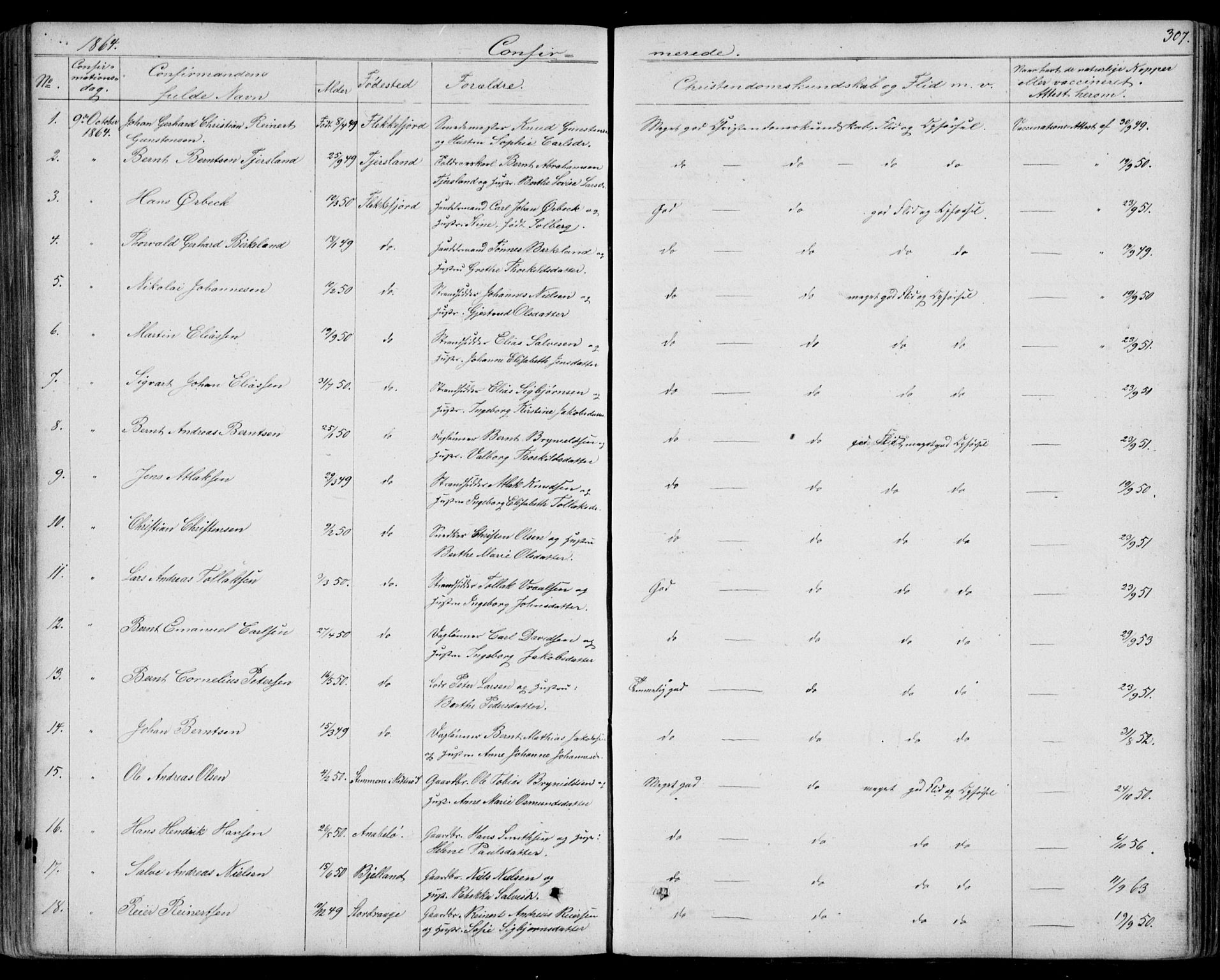Flekkefjord sokneprestkontor, SAK/1111-0012/F/Fb/Fbc/L0005: Parish register (copy) no. B 5, 1846-1866, p. 307