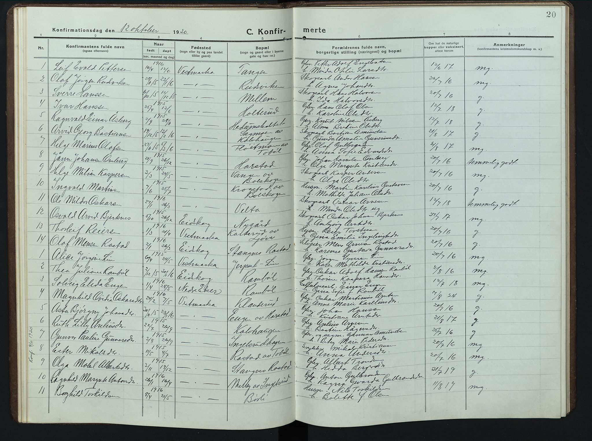 Eidskog prestekontor, AV/SAH-PREST-026/H/Ha/Hab/L0006: Parish register (copy) no. 6, 1917-1952, p. 20